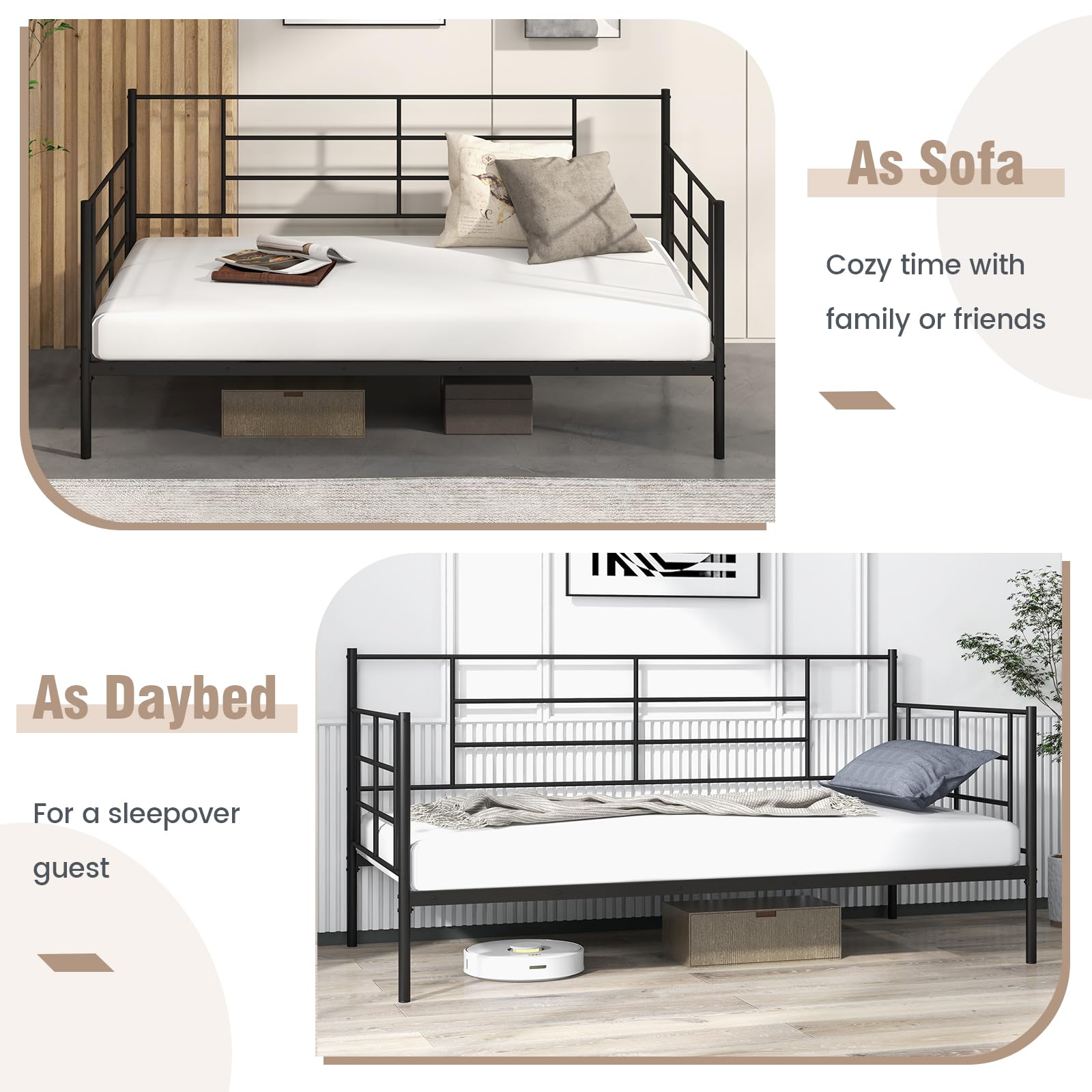 Twin Size Metal Daybed Frame, Heavy-Duty Sofa Bed with Sturdy Metal Slat Support