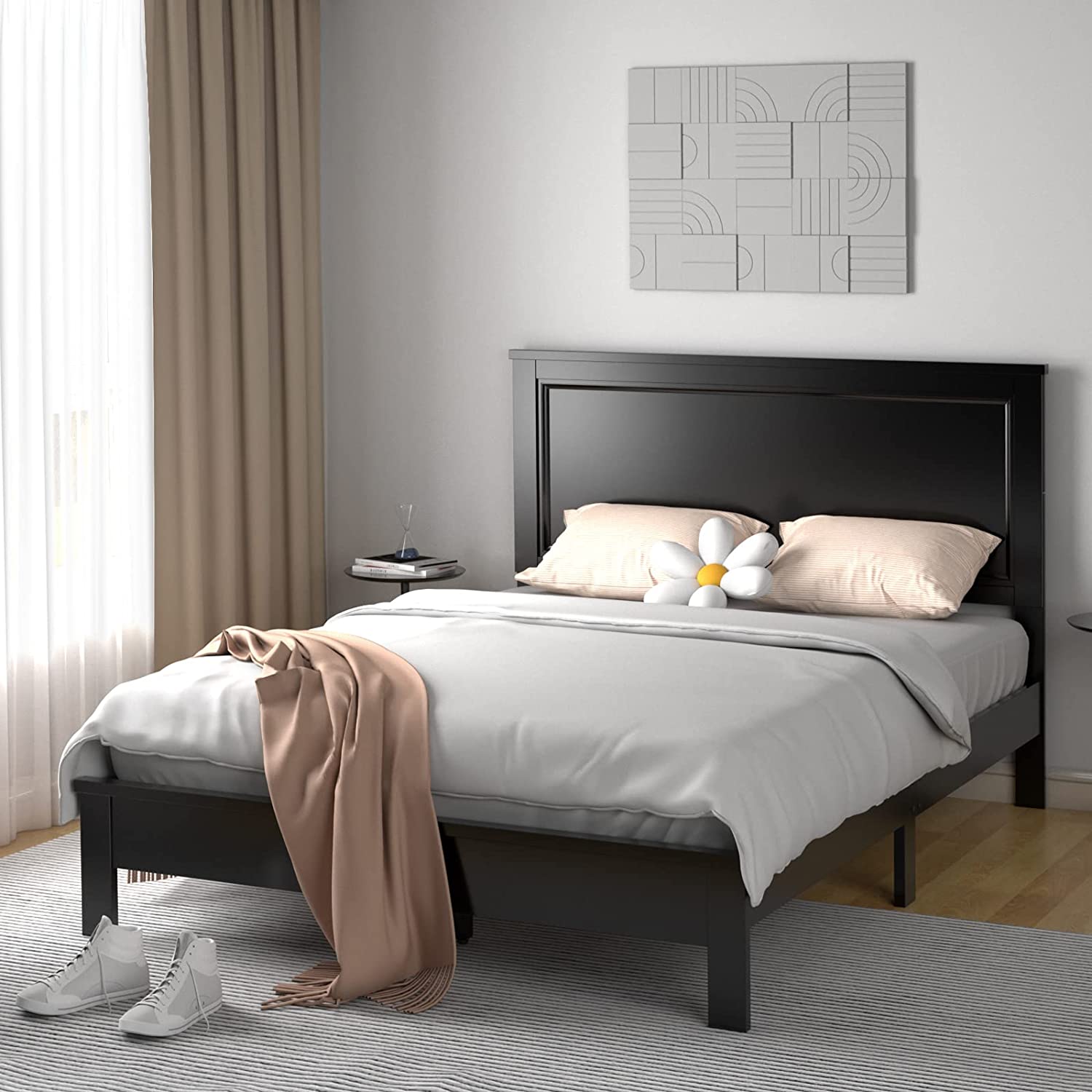 Wood Platform Bed Frame with Headboard, Mid Century Platform Bed Frame with Solid Wood Legs & Wooden Slat Support