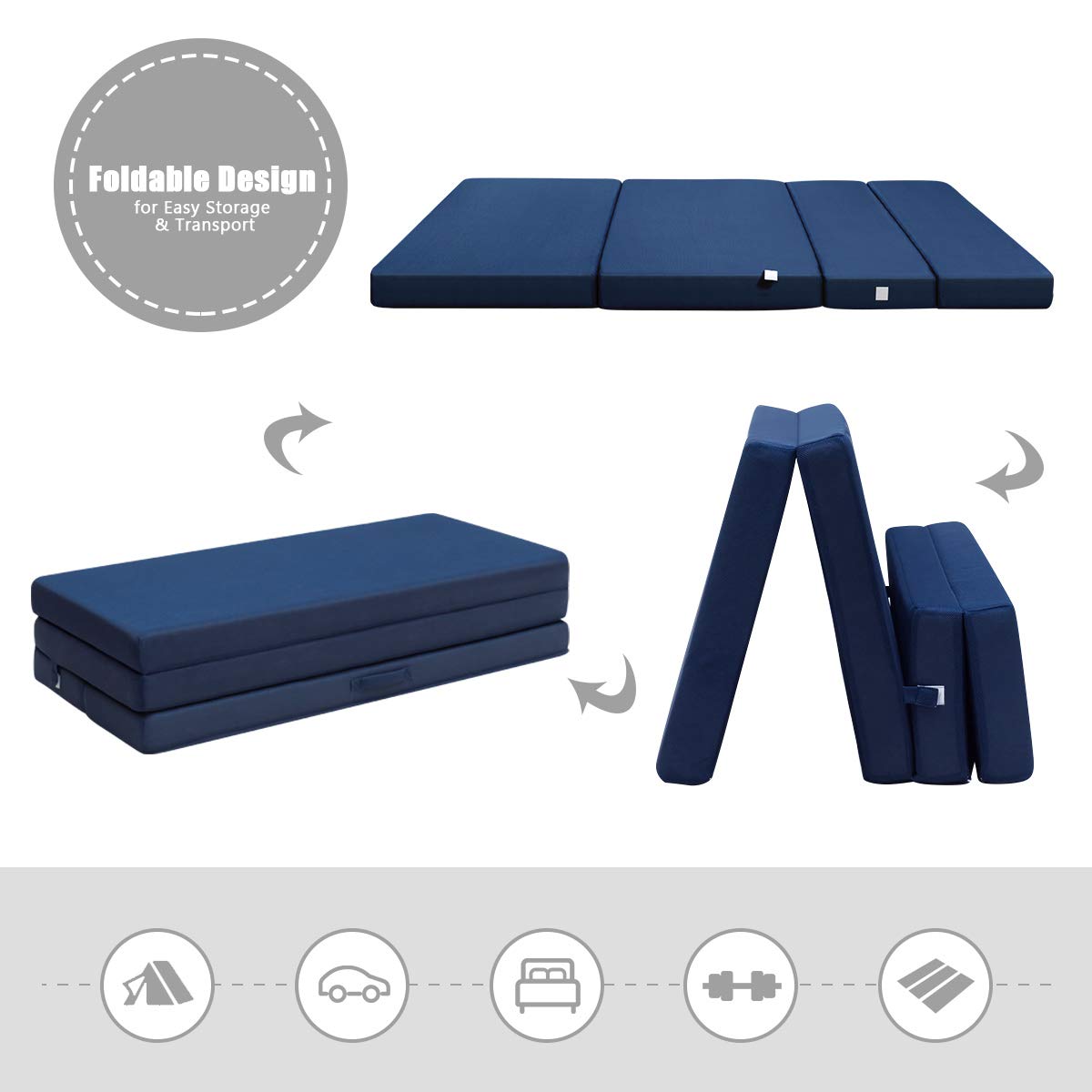4 Inch Tri Folding Mattress, Foam Mattress with Carrying Handles and Removable Washable Fabric