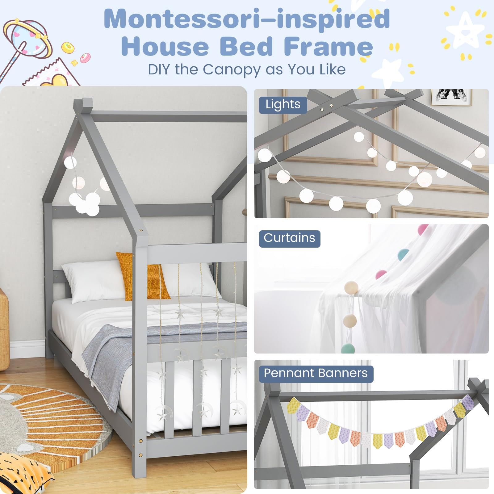 Twin Wood Kids House Bed with Roof, Headboard and Footboard