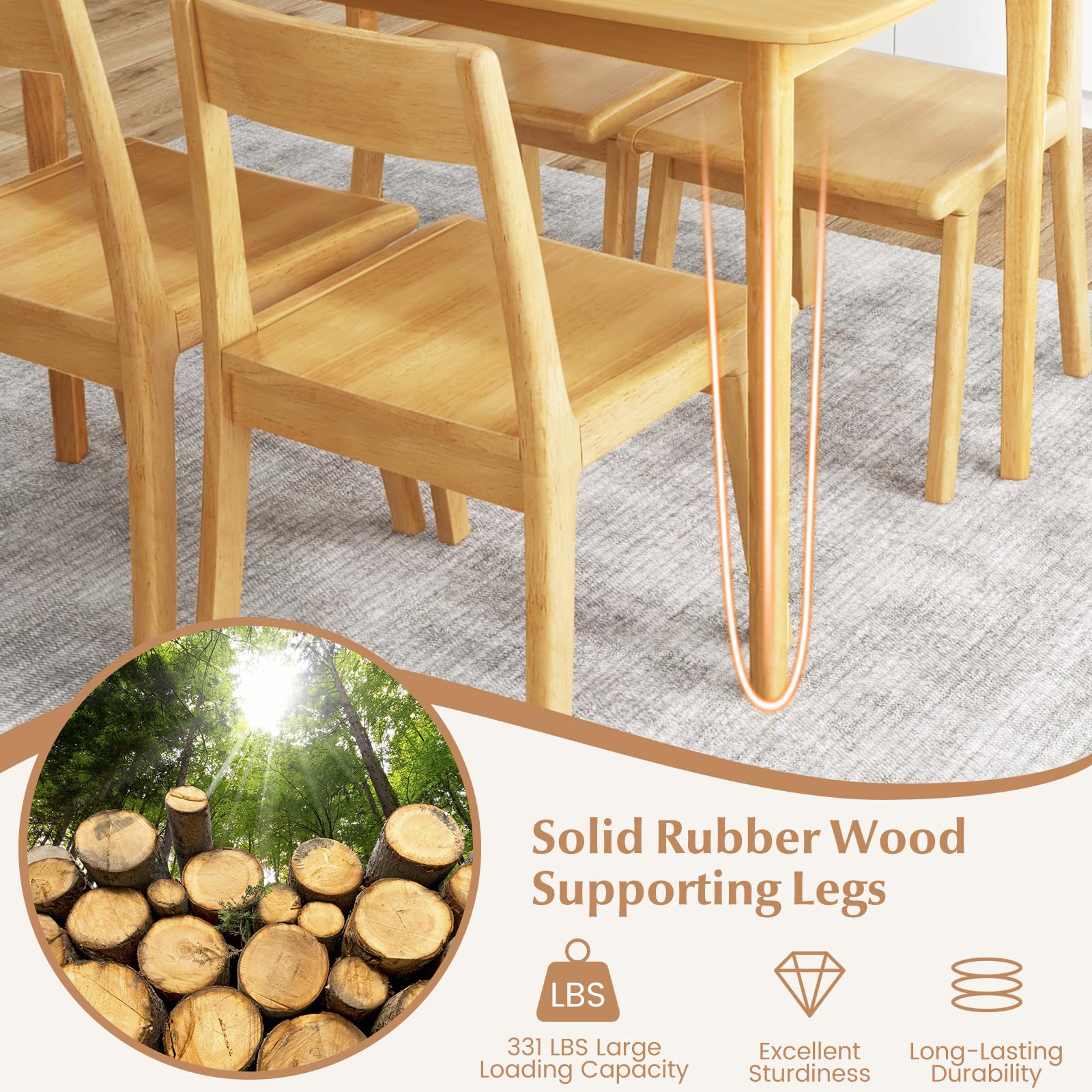 48" Rectangular Wooden Dining Table with Solid Rubber Wood Legs