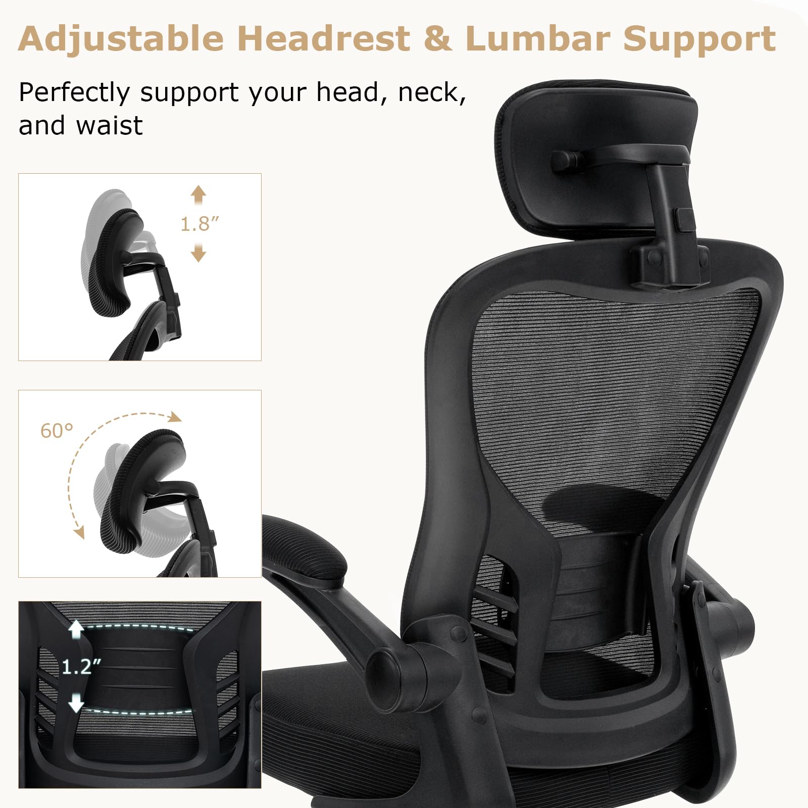 Ergonomic Mesh Office Chair, Home Office Desk Chair with Adjustable Headrest and Lumbar Support