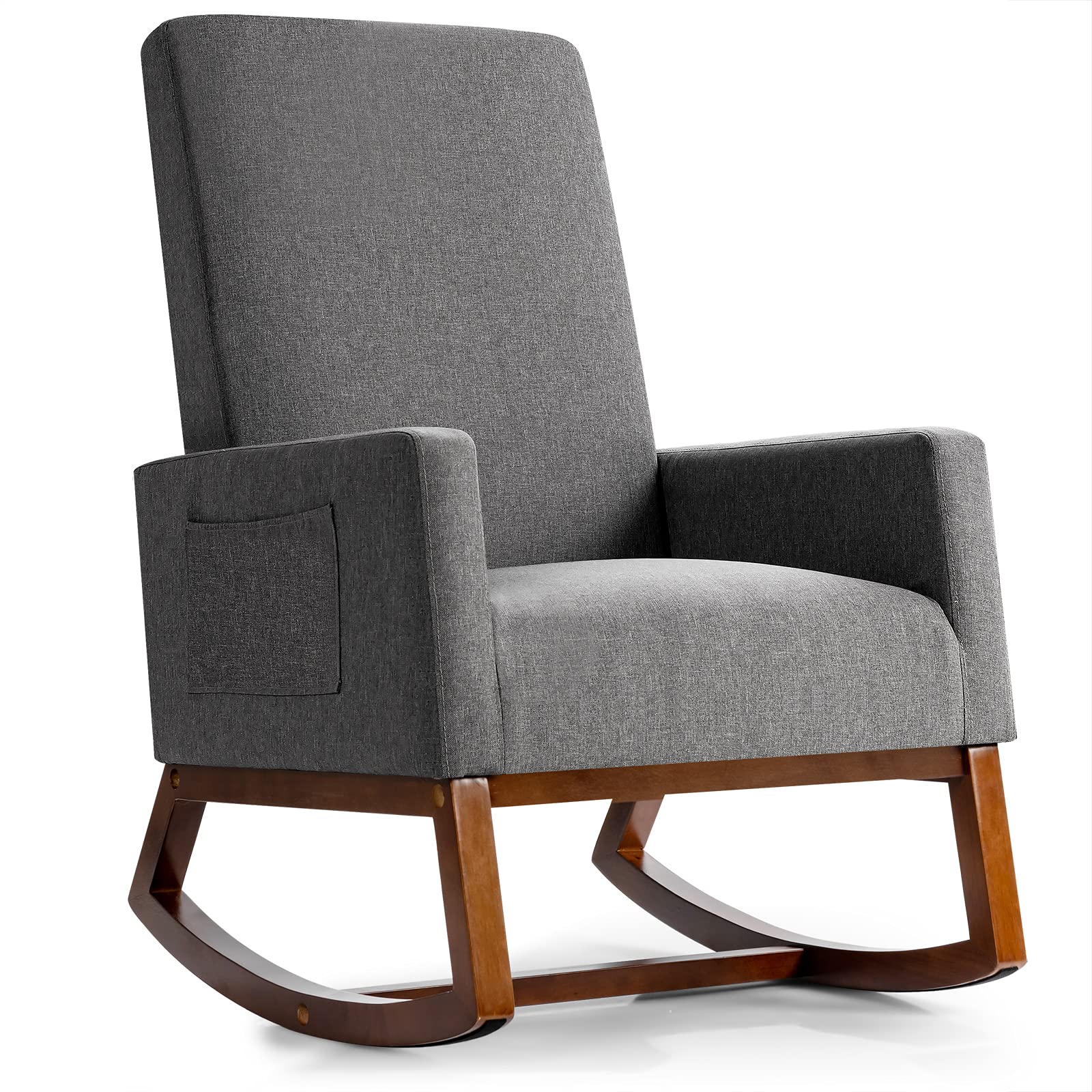 Rocking Chair, High Back Upholstered Lounge Armchair w/Side Pocket