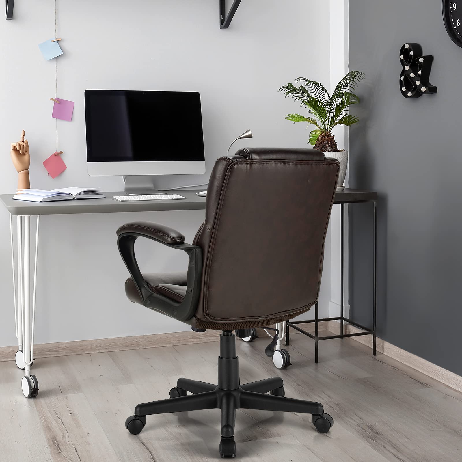 Leather Modern Executive Chair, Ergonomic Mid Back Computer Desk Chair w/Padded Armrests
