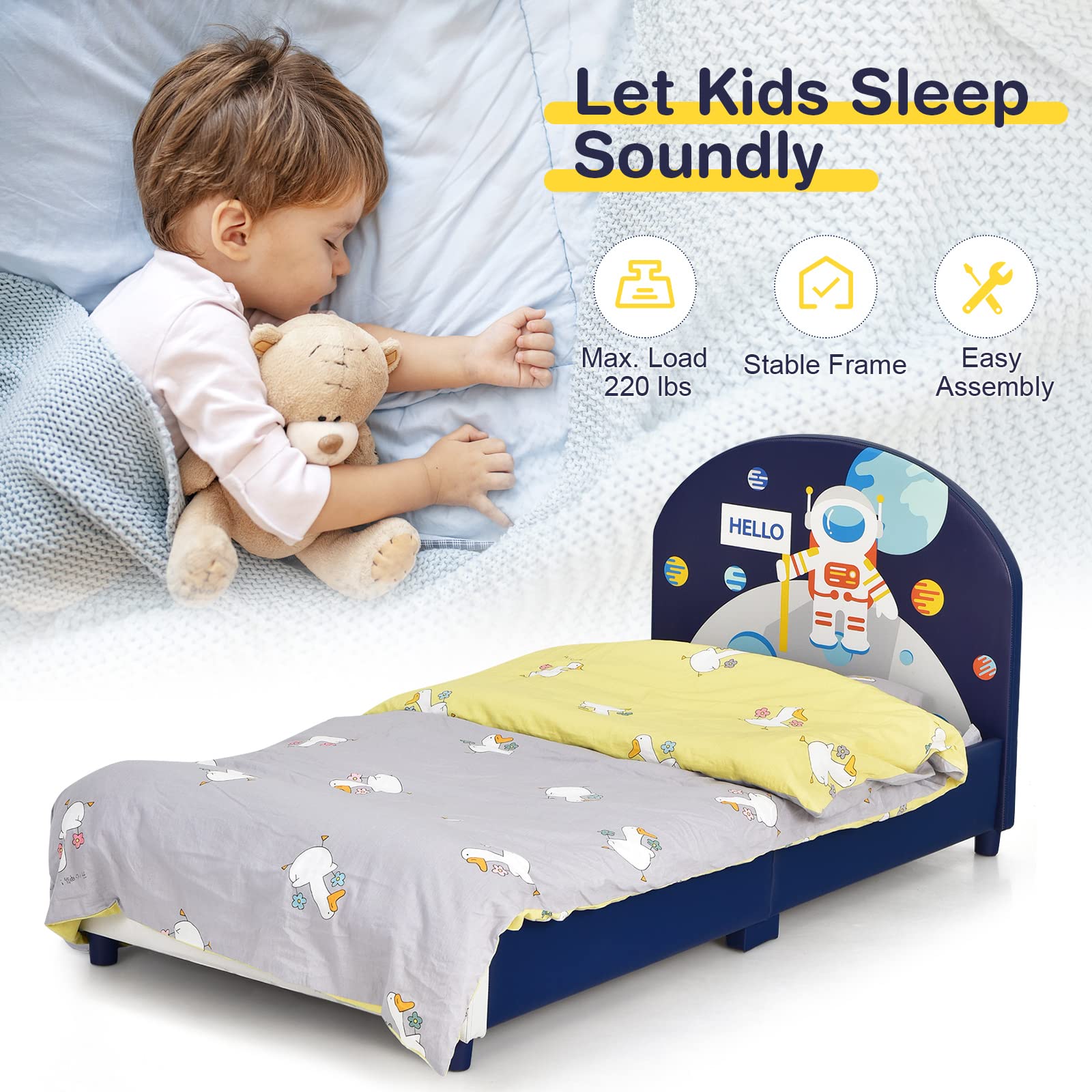 Kids Bed, Toddler Upholstered Platform Floor Bed w/Headboard & Wooden Slat Base