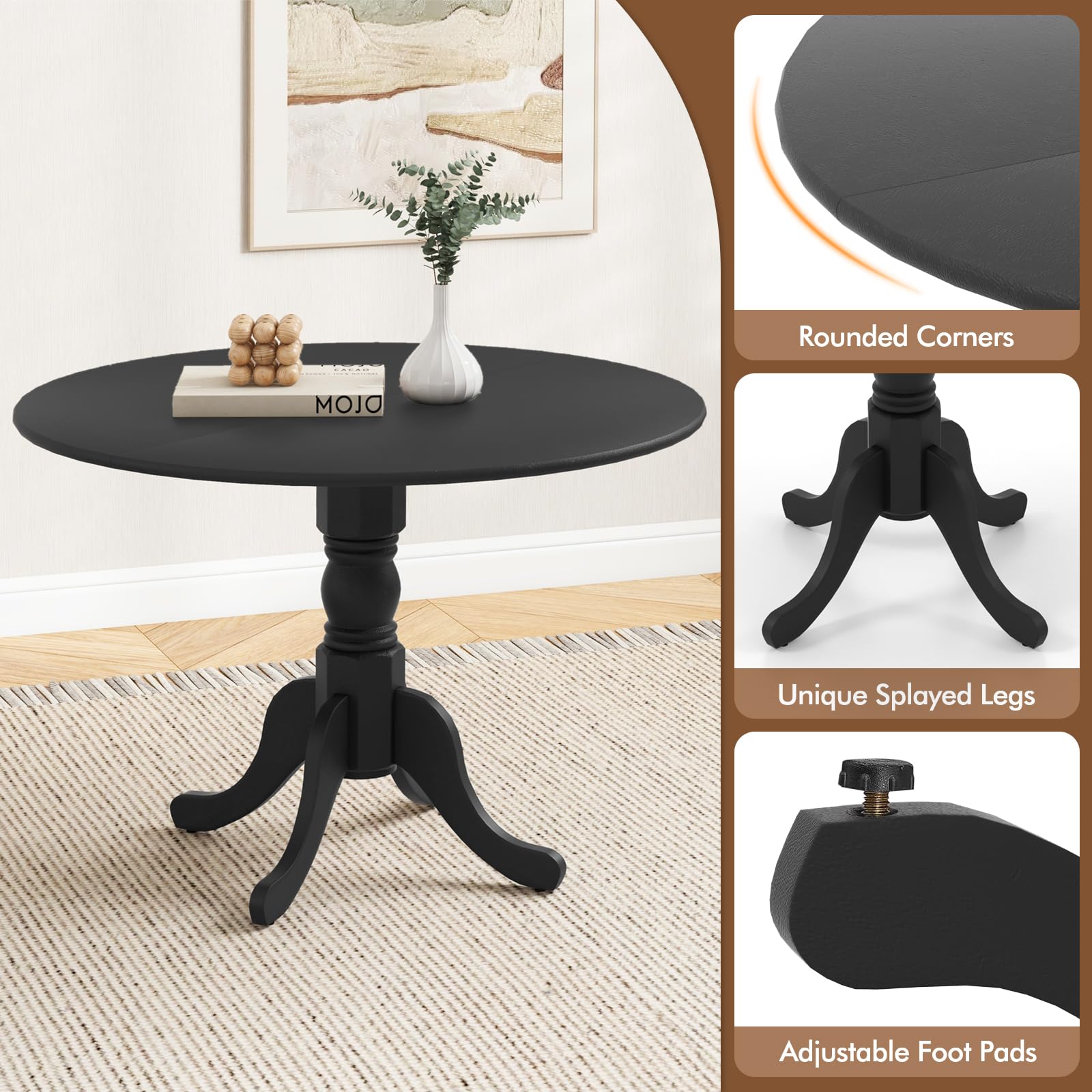 Wood Round Dining Table for 4 People with Round Tabletop & Curved Trestle Legs