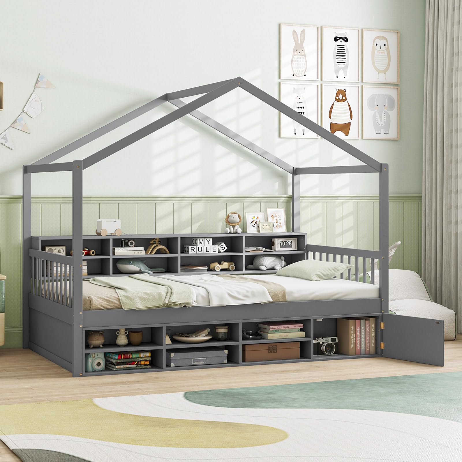 Twin Size House Bed with Storage, Wooden Montessori House Bed with 14 Storage Cubes, Enclosed Cabinet, Wood Slats & Fencing