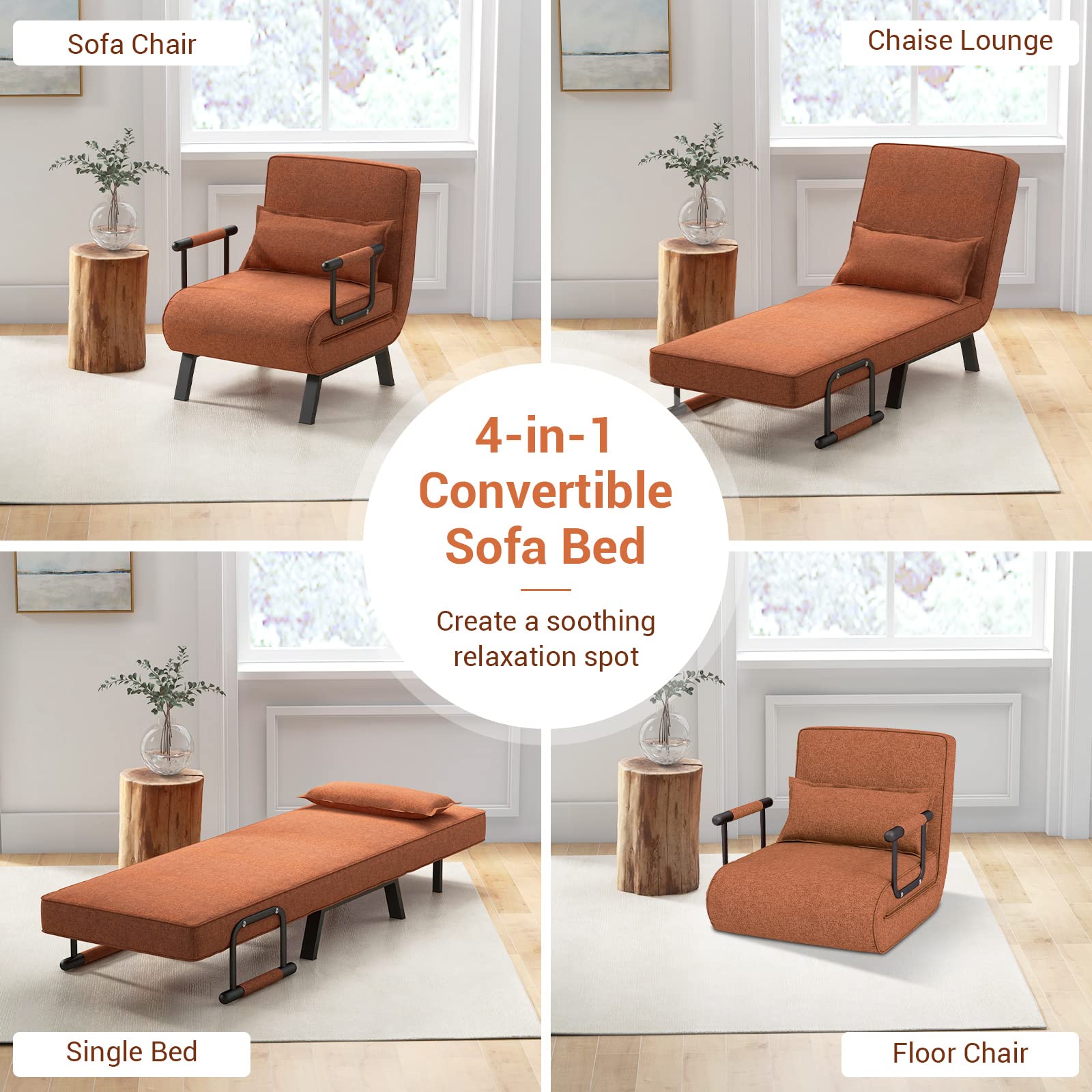 Convertible Upholstered Sleeper Chair Bed with Pillow, 4-in-1 Folding Sofa Bed with 6-Position Adjustable Backrest
