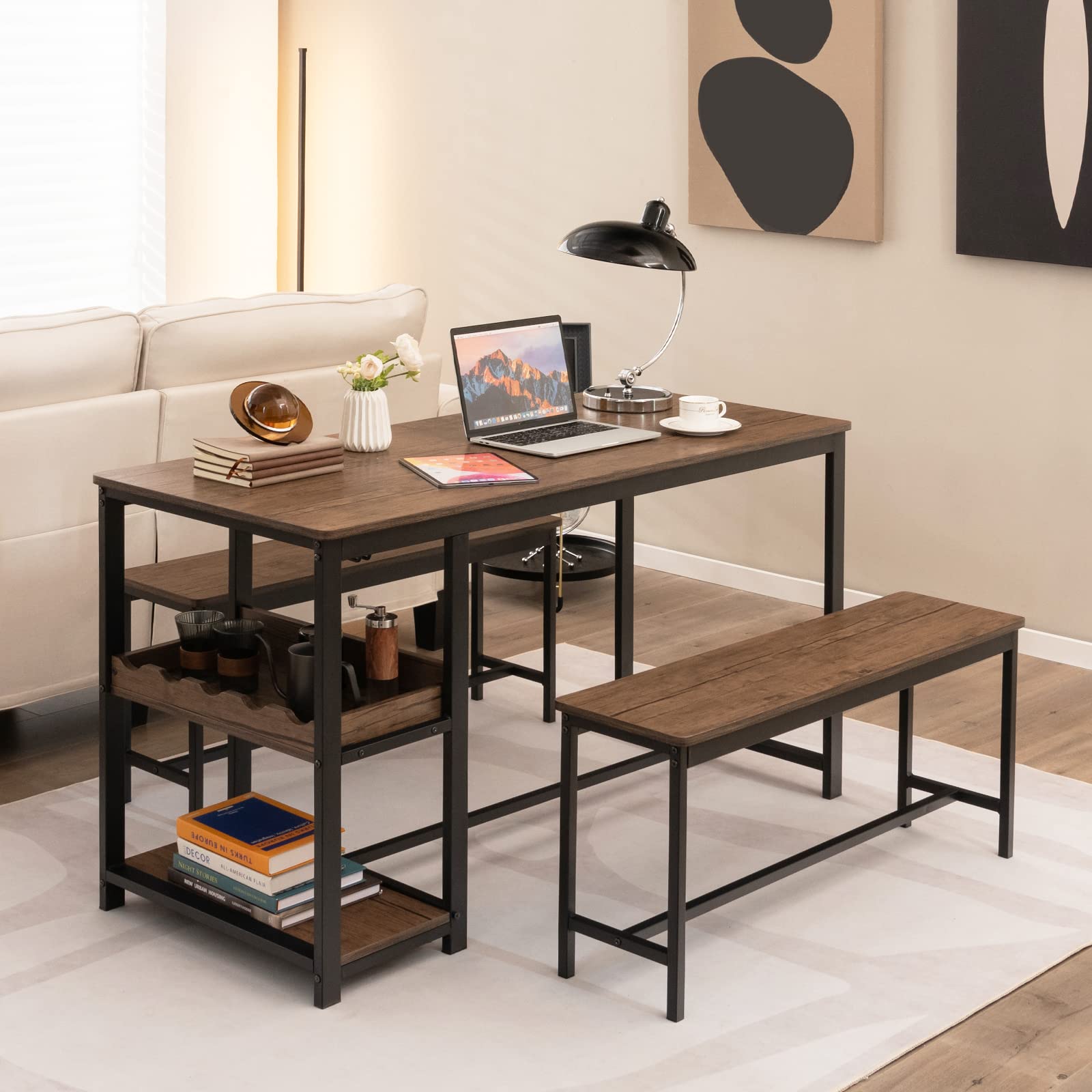 Dining Table Set for 4, 3-Piece 55" L Kitchen Table Set w/ 2 Benches, Breakfast Table w/ 5-Bottle Wine Rack & Glass Holder