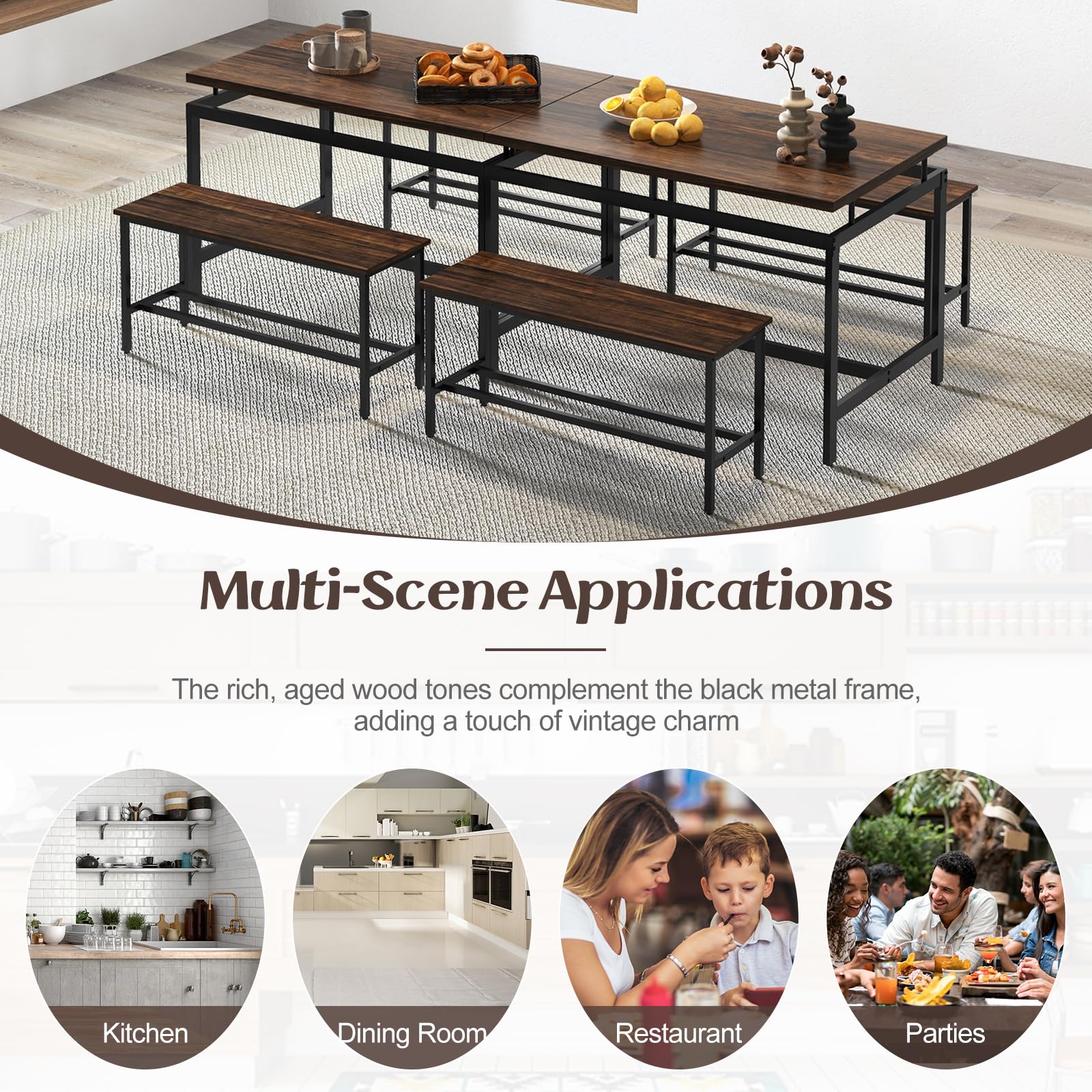 Dining Table Set for 4 with 2 Benches, Metal Frame