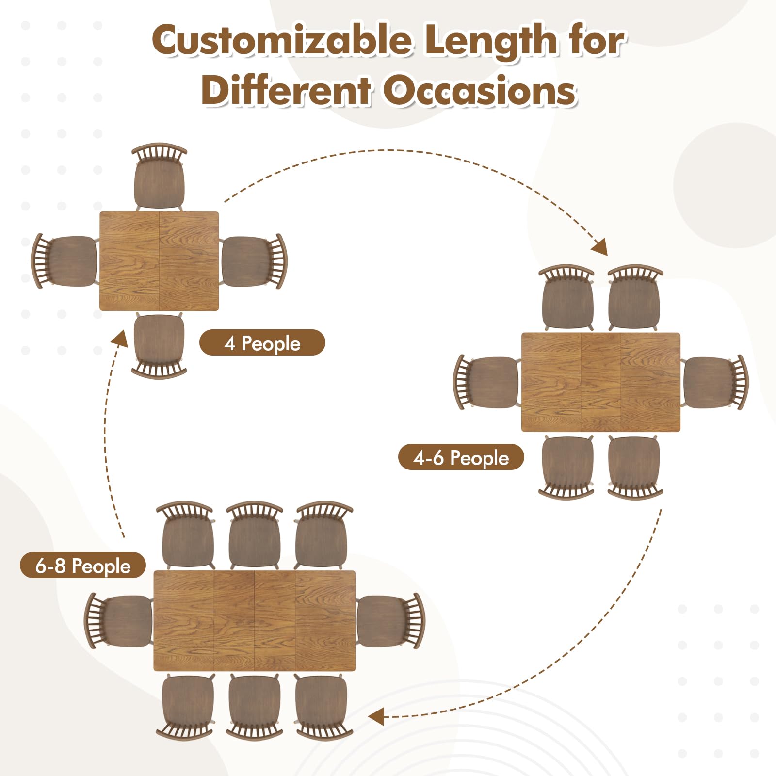 Extendable Dining Table for 4-8 People, Large Folding Kitchen Table with Rubber Wood Legs