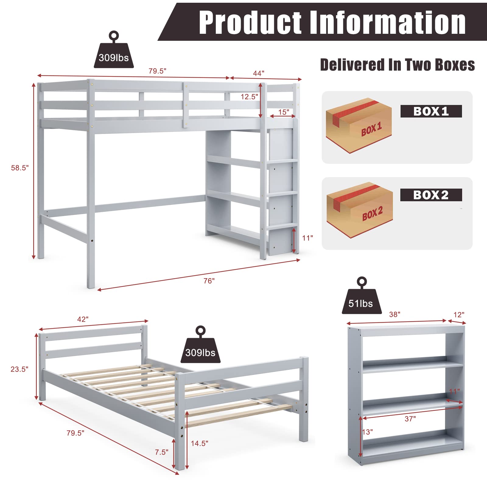 Twin Over Twin Bunk Bed, Convertible Wooden Loft Bed with 3-Tier Bookcase, Can be Separated into 2 Beds