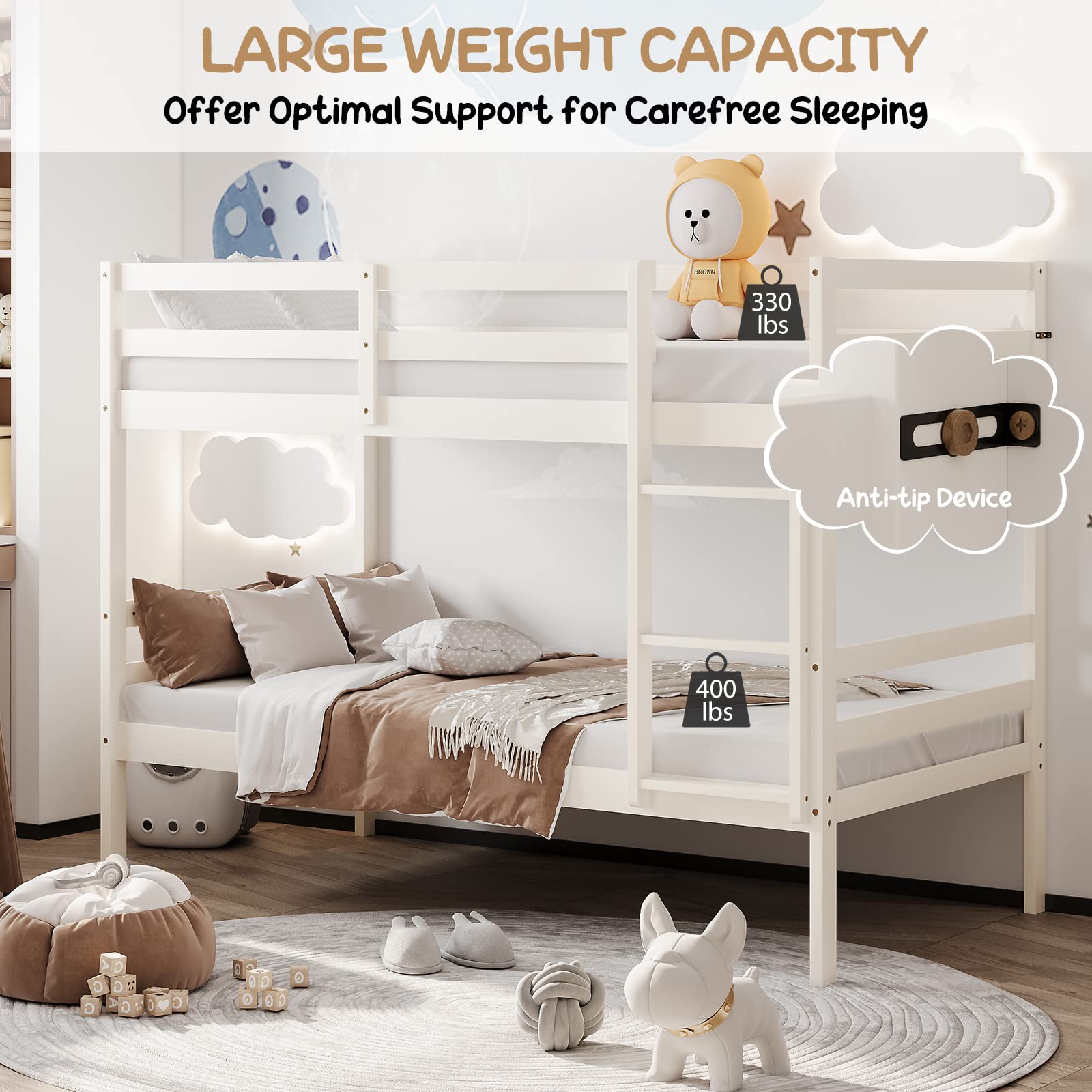 Twin Over Twin Wood Bunk Bed with Ladder & Safety Guardrail