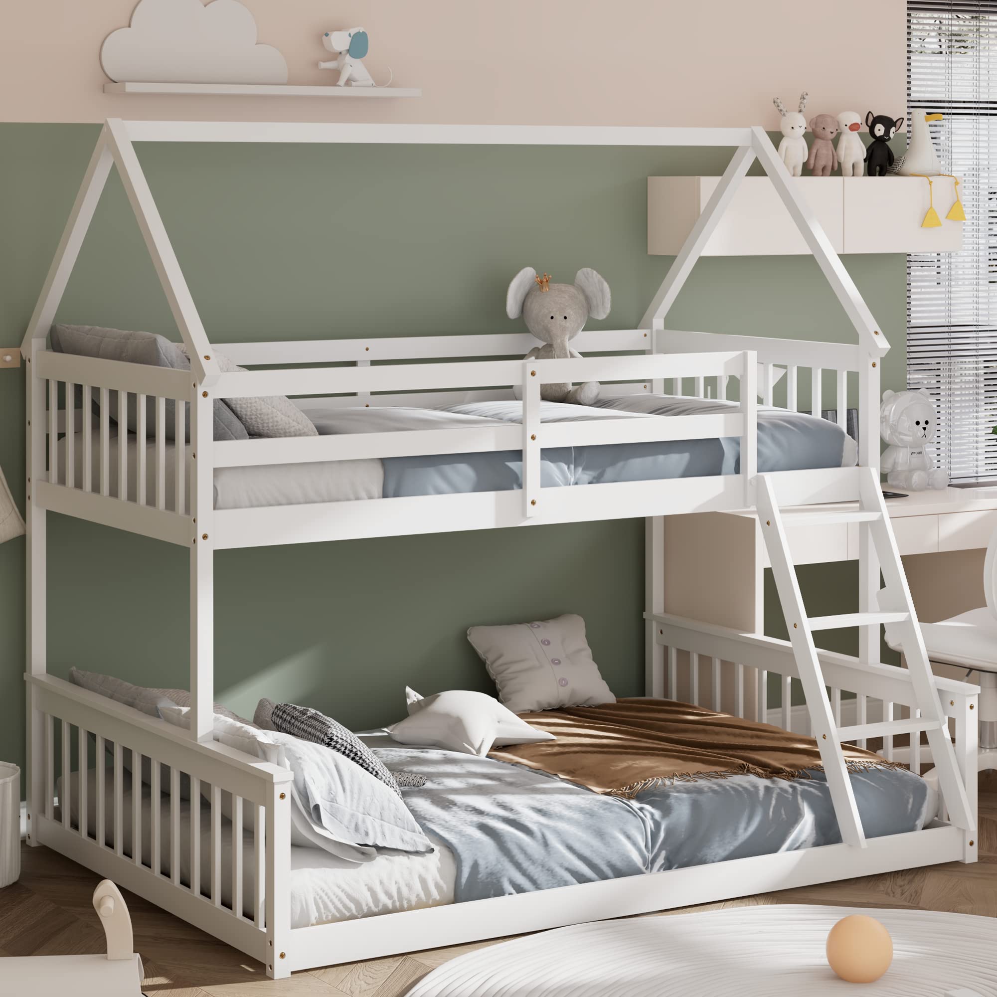 Twin Over Full Wood House Bunk Bed with Integrated Ladder & Safety Guardrails, Convertible to 2 Beds