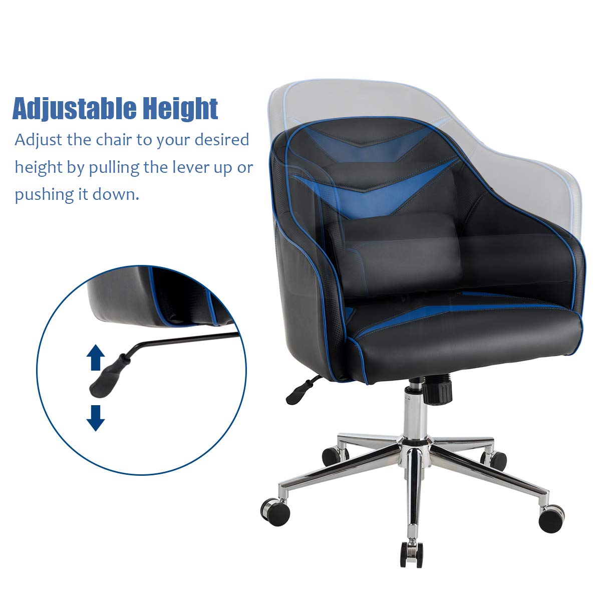 PU Leather Gaming Chair, Adjustable Height Mid-Back Armchair w/Massage Lumbar Pillow