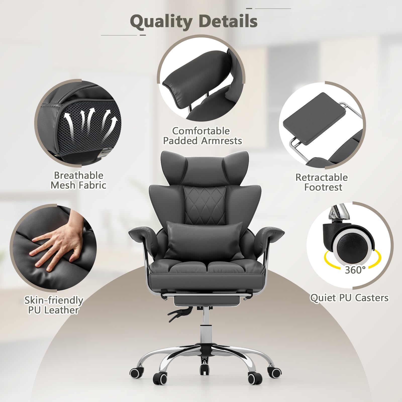400 LBS Big and Tall Office Chair, PU Leather Executive Desk Chair w/Retractable Footrest