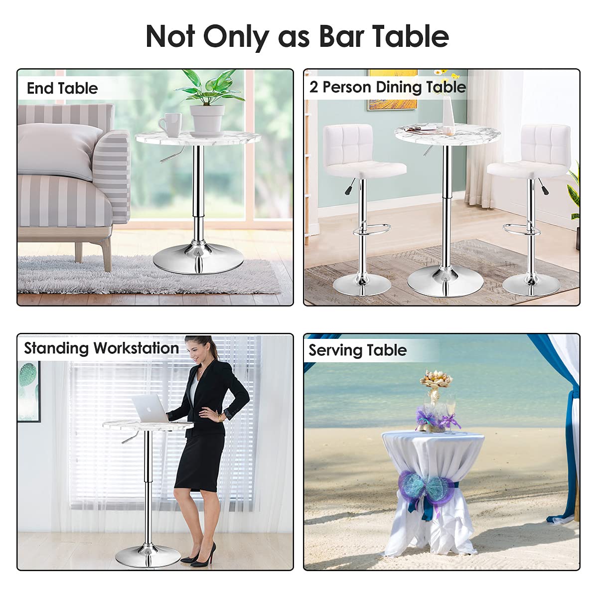 Round Pub Table Height Adjustable, 360&deg; Swivel Cocktail Pub Table with Sliver Leg and Base