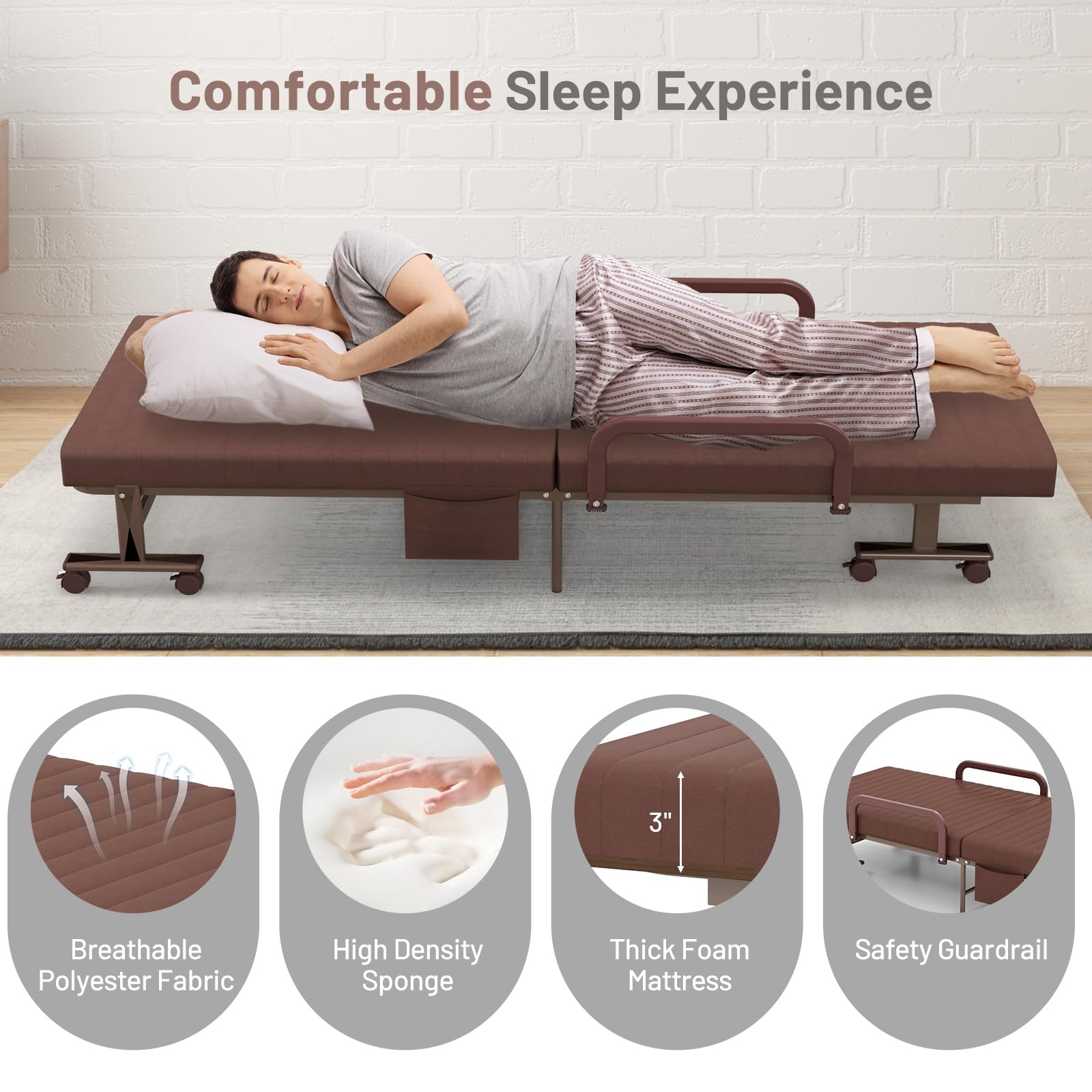 Folding Bed With Mattress, Portable Guest Bed With Adjustable 6 Position & Side Storage Pocket