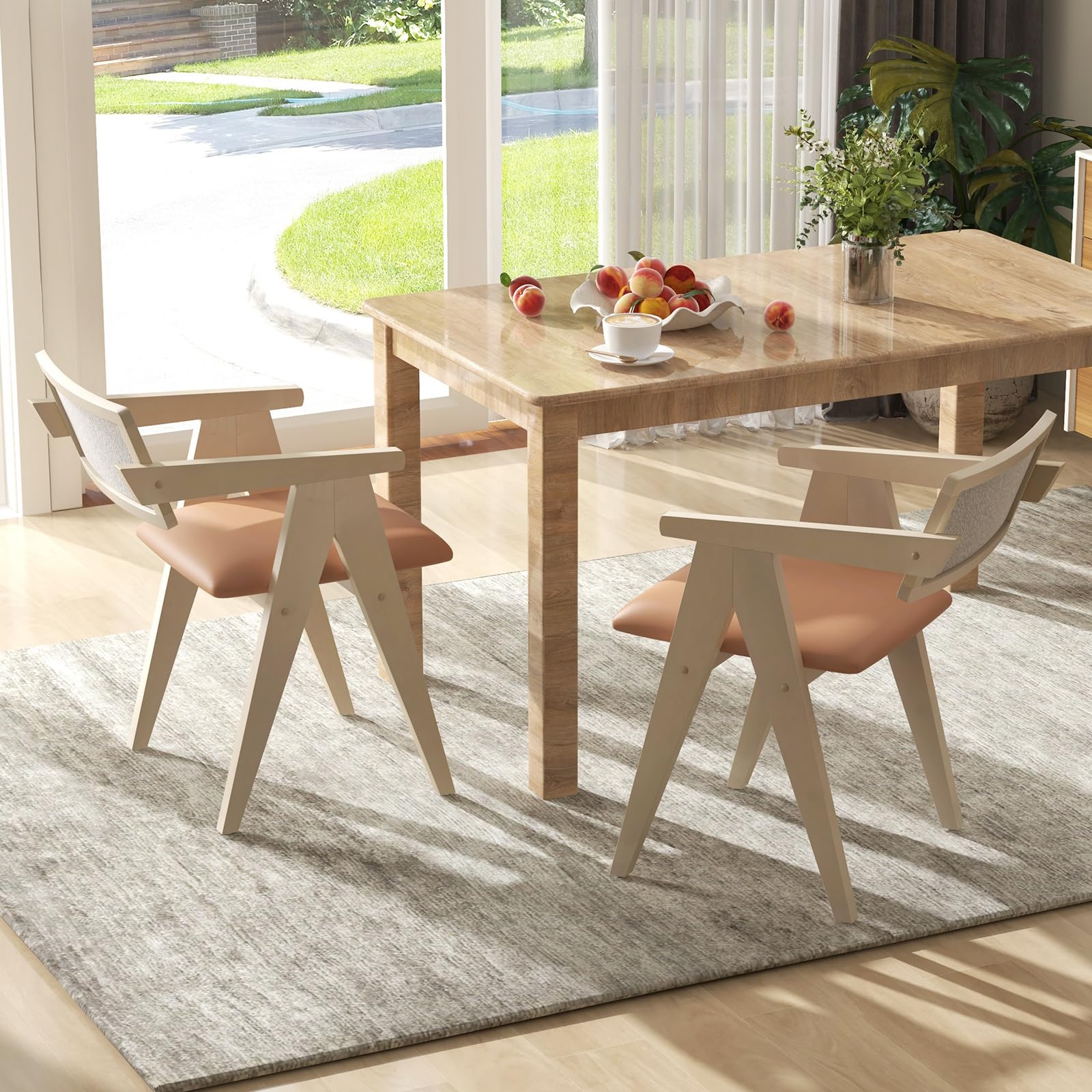 Wooden Dining Chairs Set of 2/4, Mid Century Upholstered Kitchen Chairs w/Leathaire Seat Cushions & Sherpa Backrests