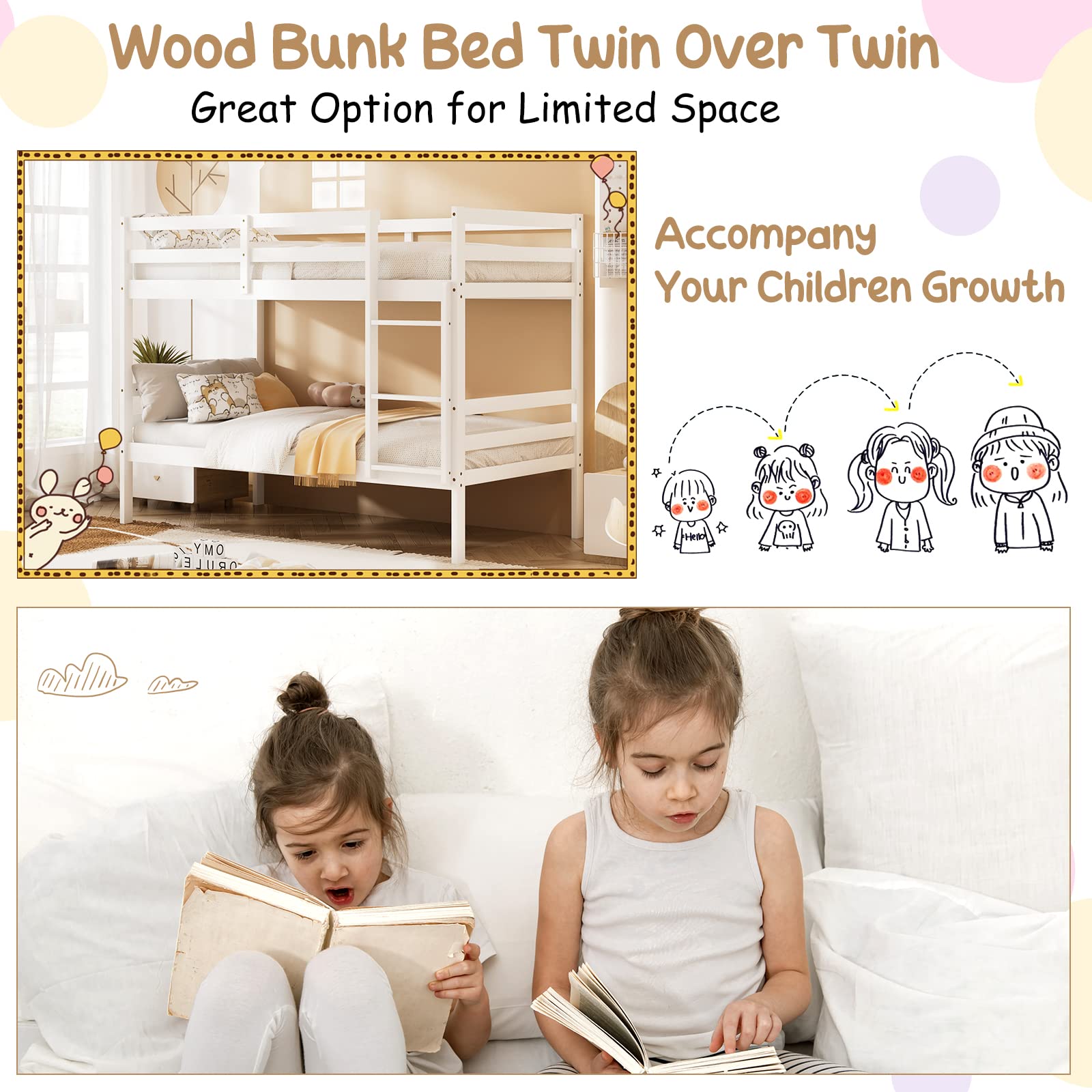 Twin Over Twin Wood Bunk Bed with Ladder & Safety Guardrail