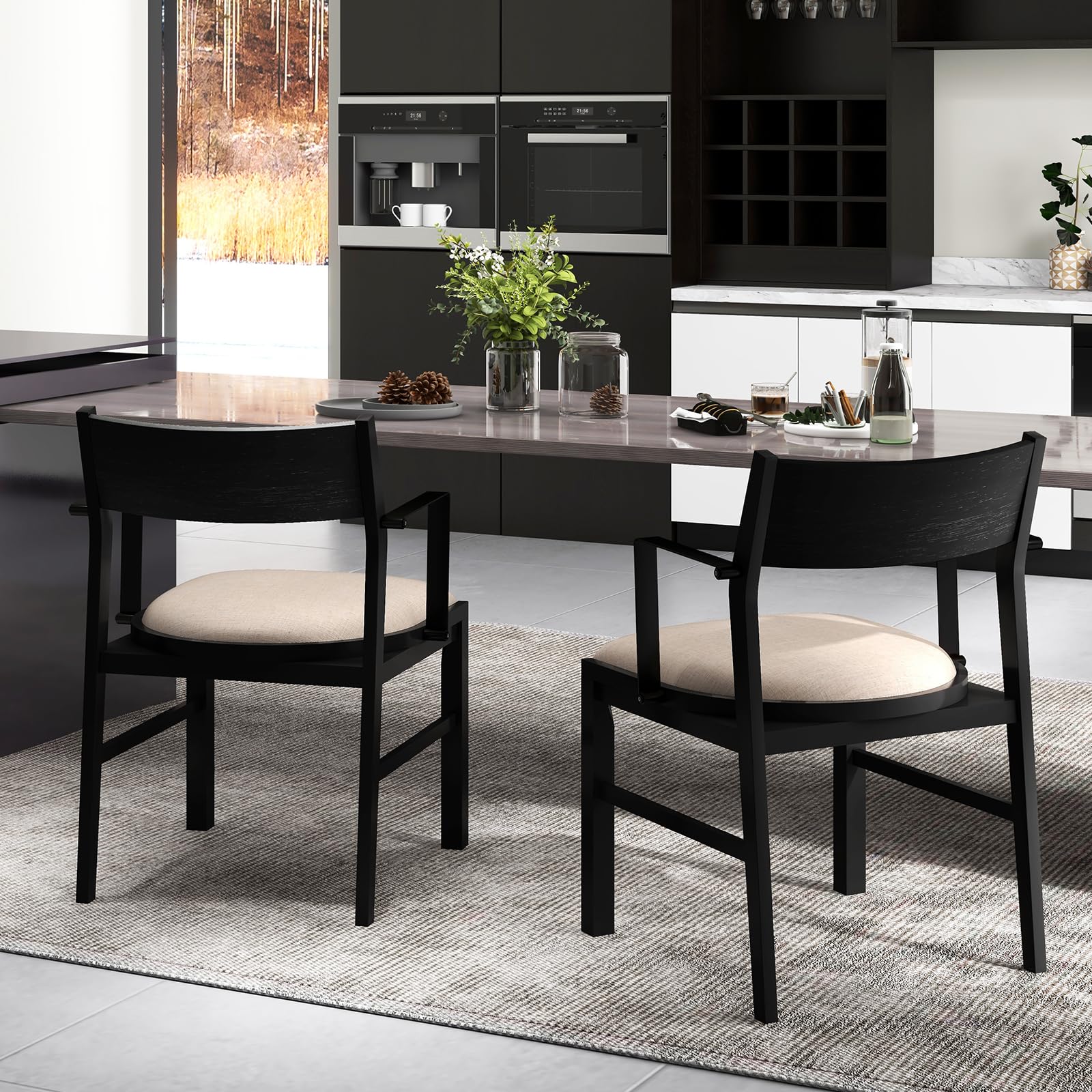 Dining Chairs Set of 2/4 with Padded Seat, Metal Armrest, Solid Rubber Wood Legs