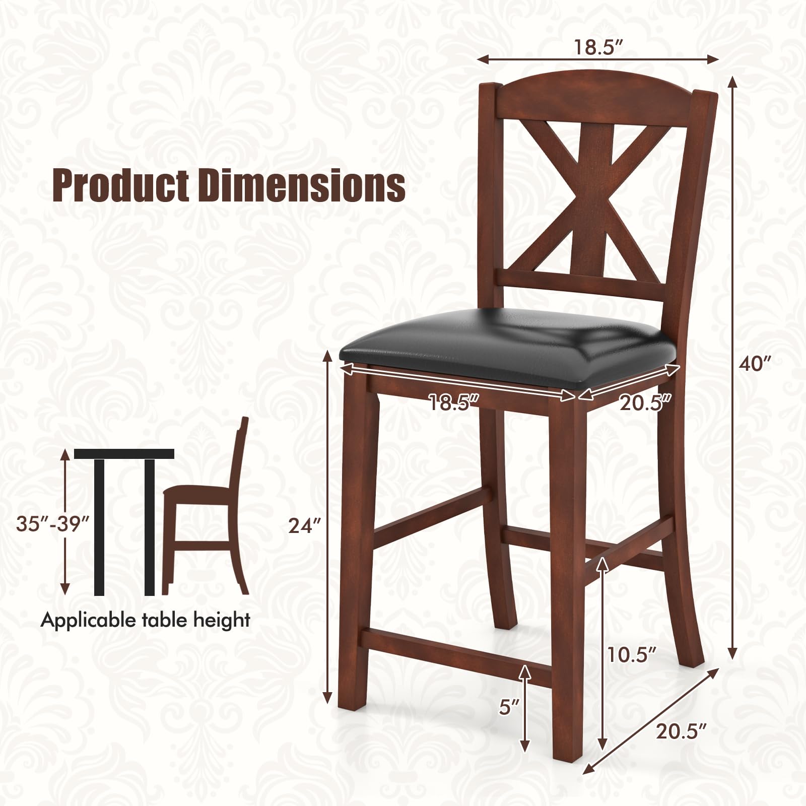 Wood Bar Stools Set of 2/4, 24" Upholstered Counter Height Bar Chairs w/Hollowed High Back, PU Leather, Rubber Wood Legs
