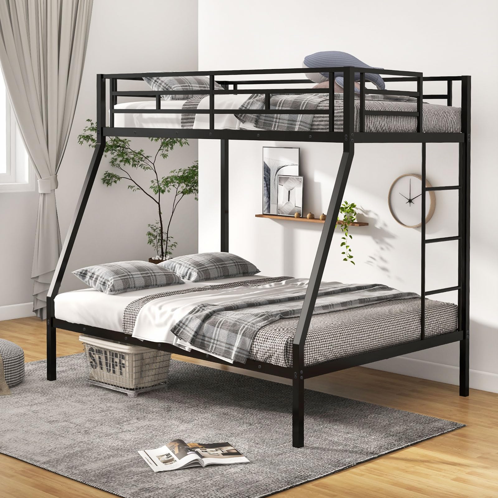 Metal Twin Over Full Bunk Bed, Heavy Duty Bed Frame with Integrated Ladder, Full-Length Guardrails for Teens & Adults