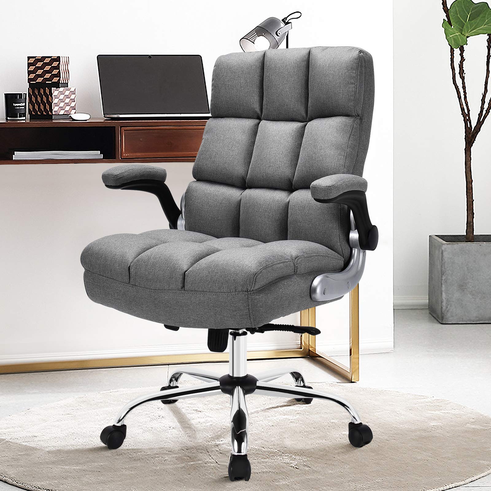 Executive Office Chair, Adjustable Tilt Angle and Flip-up Armrest Linen Fabric Upholstered Chair with Thick Padding