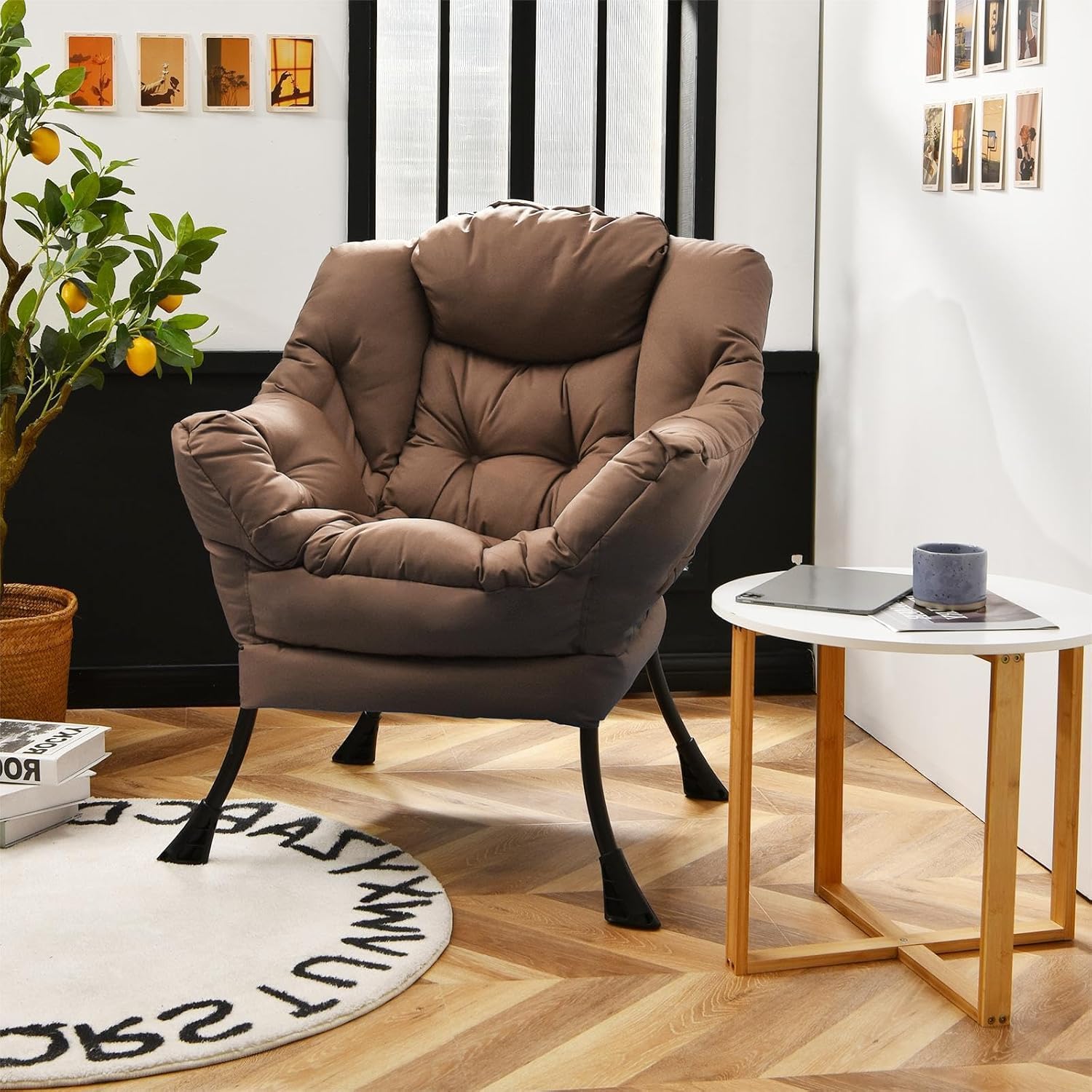 Modern Lazy Chair, Upholstered Single Sofa Chair w/Armrests & Side Pocket