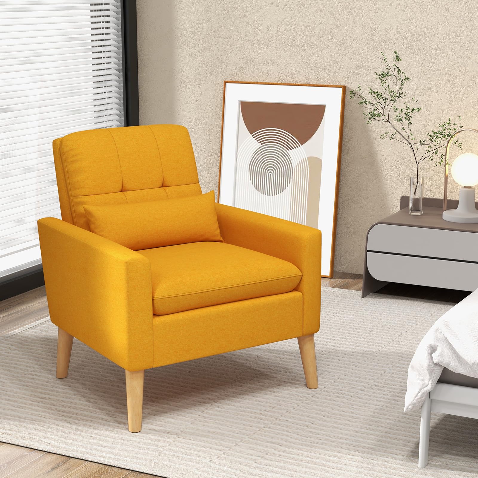 Modern Linen Accent Chair, Upholstered Tufted Armchair with Lumbar Pillow, Rubber Wood Legs, Padded Cushion