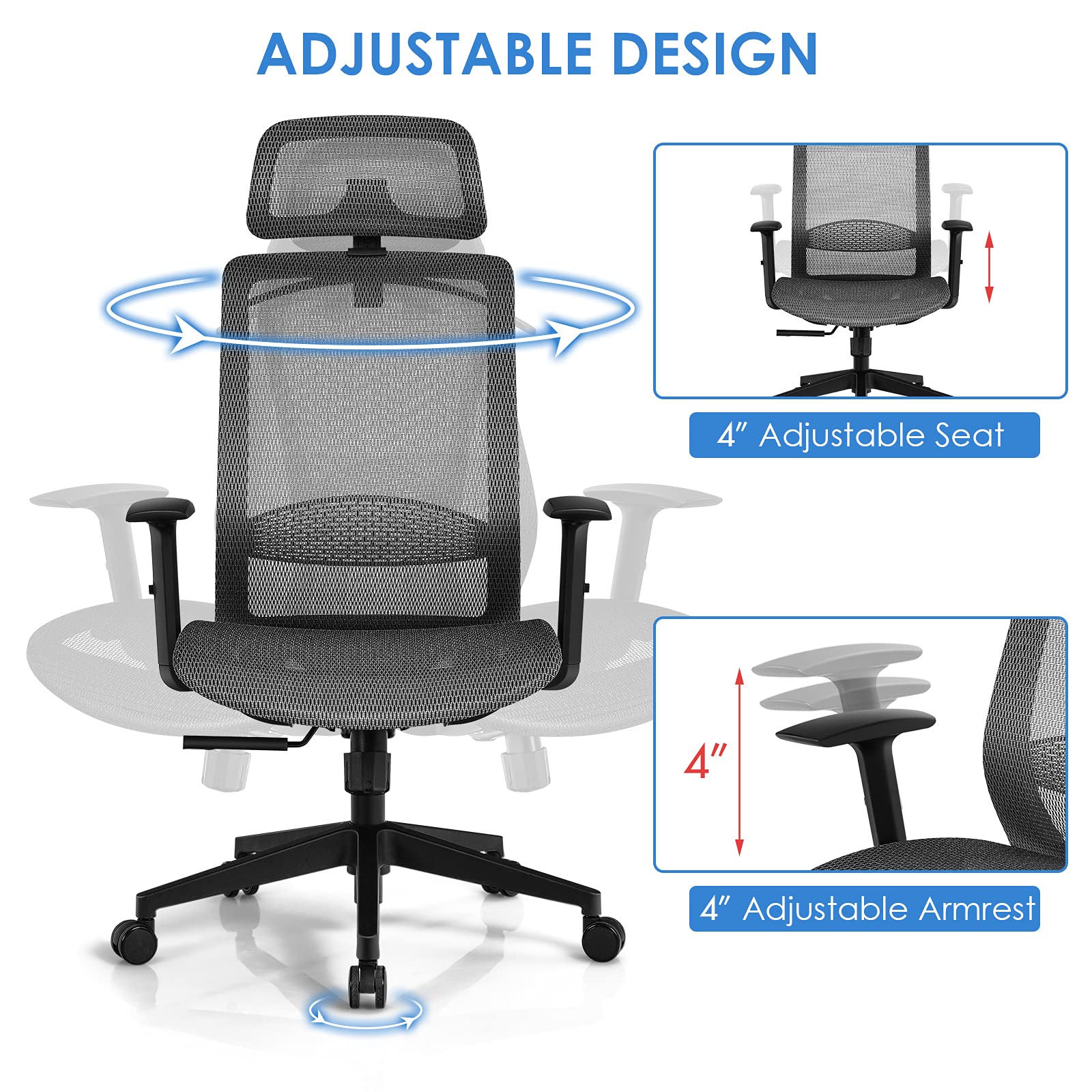 Ergonomic Office Chair, Mesh Desk Chair Back Support with Adjustable Headrest