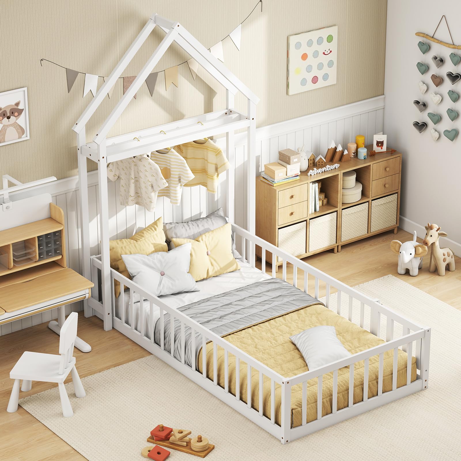 Twin Size Floor Bed with House-Shaped Headboard（Twin with Headboard）