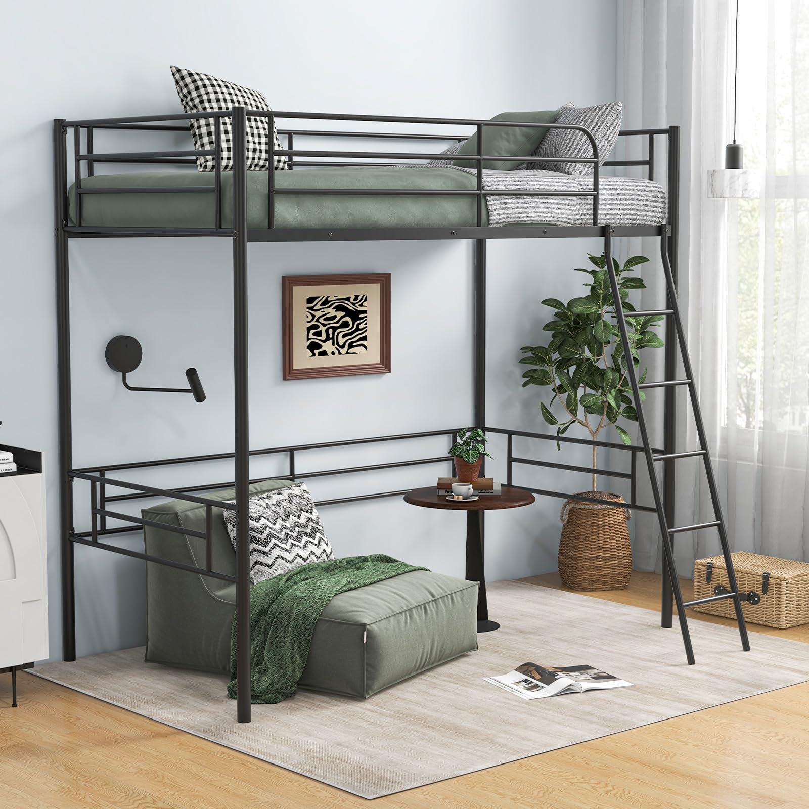 Twin Size Loft Bed, Metal Loft Bed Frame with Ladder & Safety Guardrail