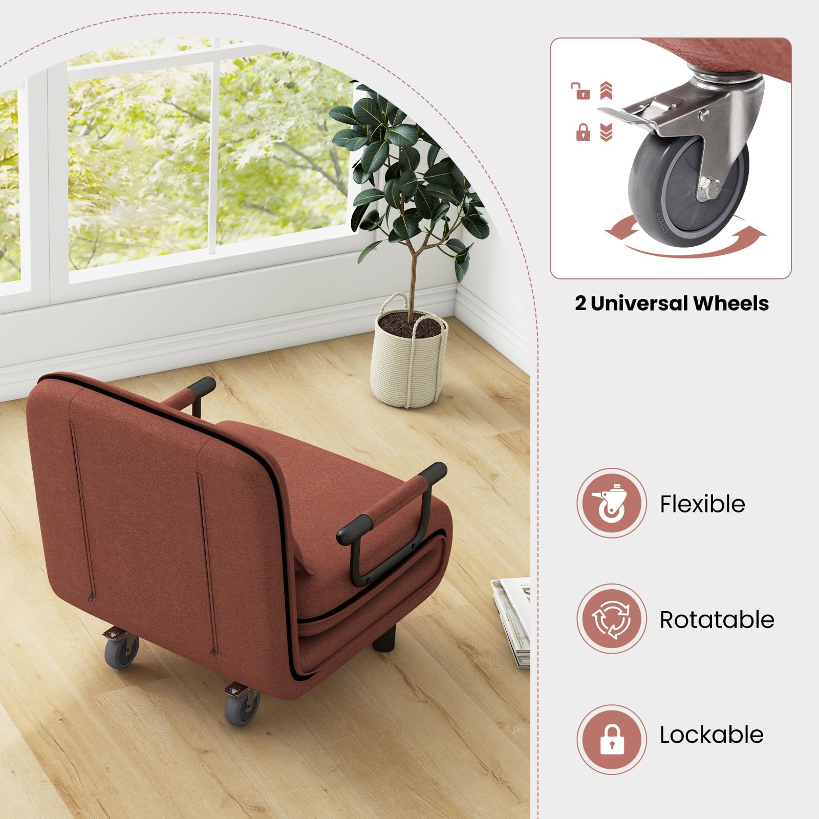 Convertible Chair Bed with 5-Position Adjustable Backrest & Lumbar Pillow, 2 Hidden Metal Legs & 2 Lockable Casters