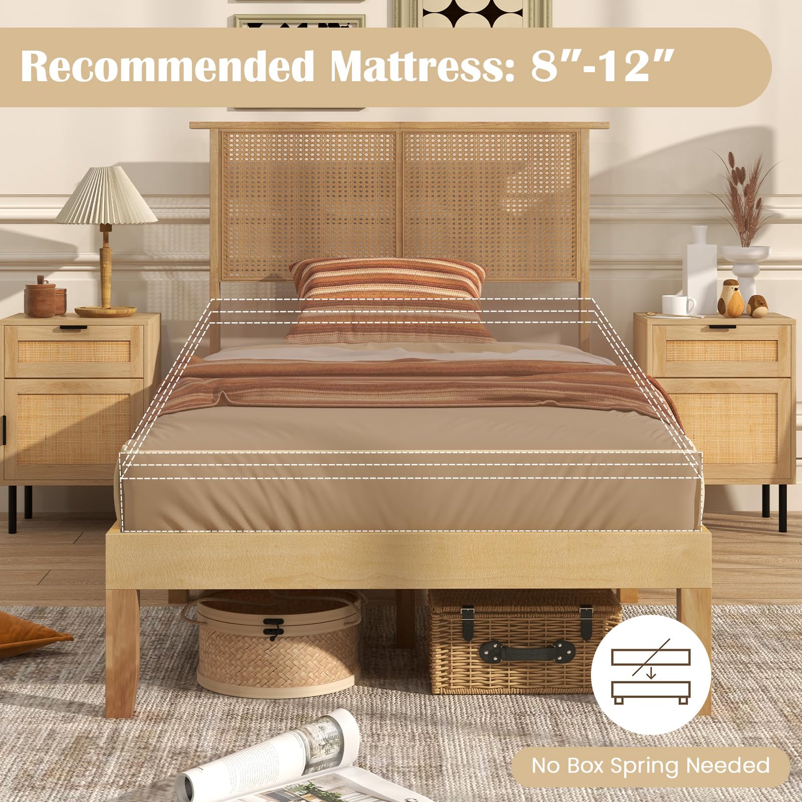 Wood Platform Bed Frame with Rattan Headboard, Wooden Slats & Under-Bed Storage