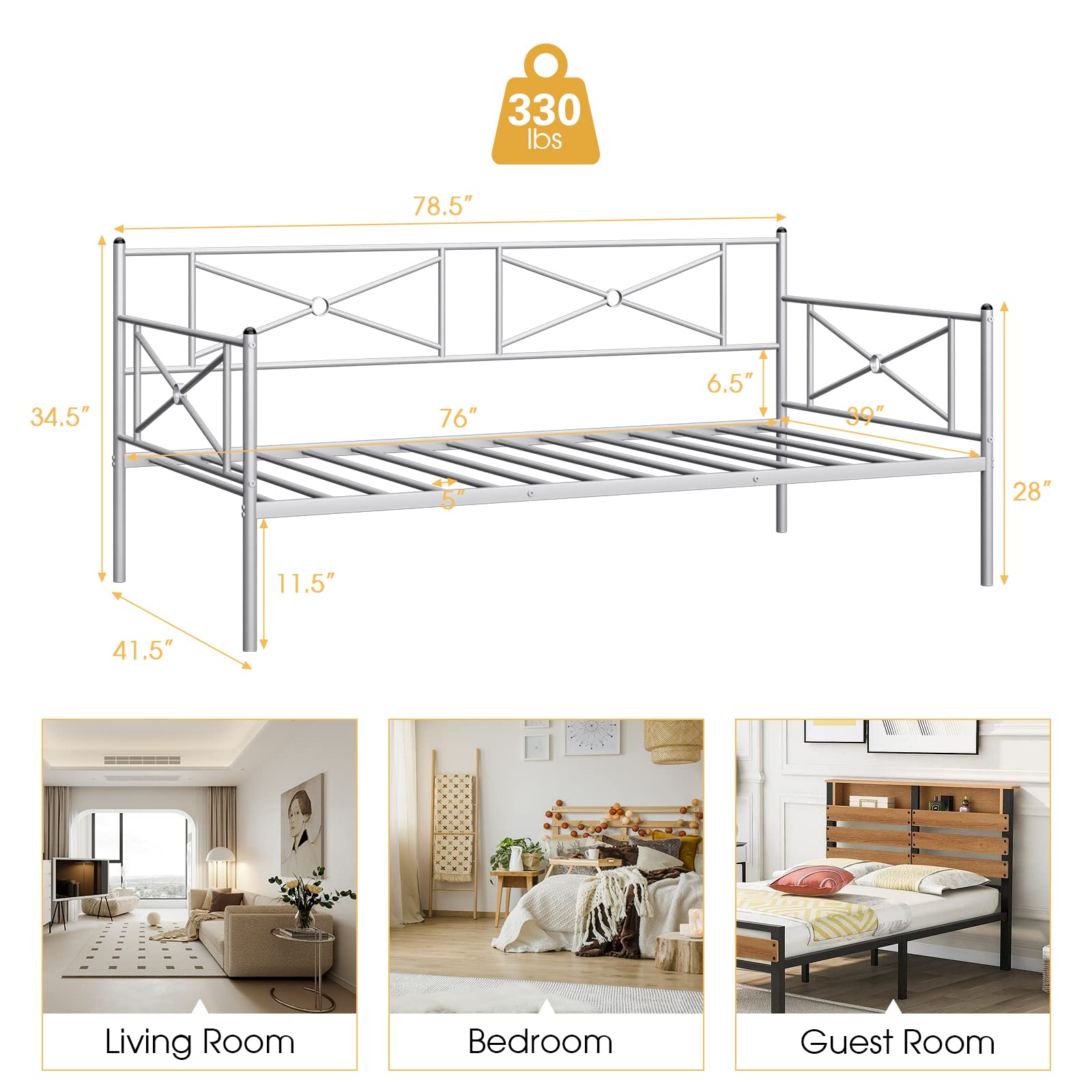 Twin Size Metal Daybed, Multifunctional Sofa Guest Bed with Headboard