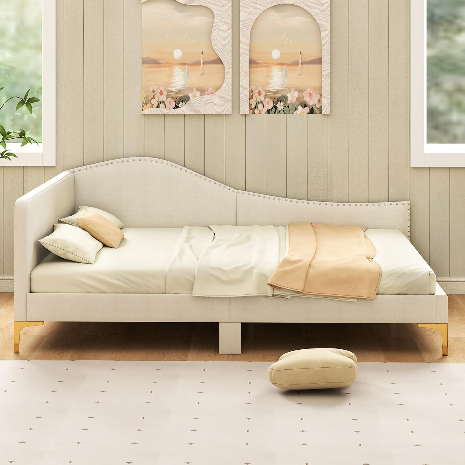 Rivet-Tufted Platform Bed Frame with Headboard, Metal Legs & Wood Slats, L-Shaped Corner Sofa Bed