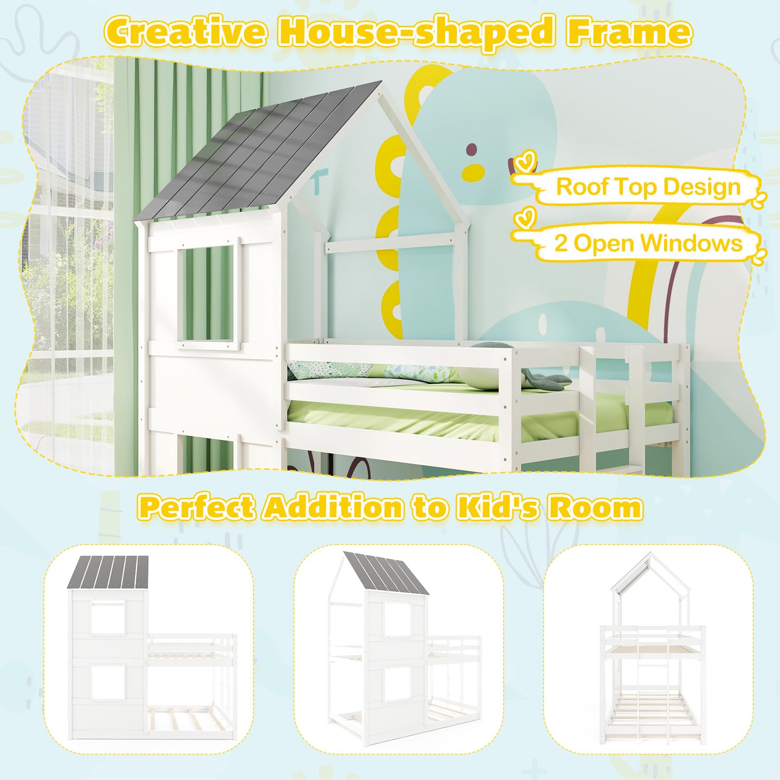 Twin Over Twin Wood Floor Bunk Bed with Built in Ladder, Window & Safety Guardrail