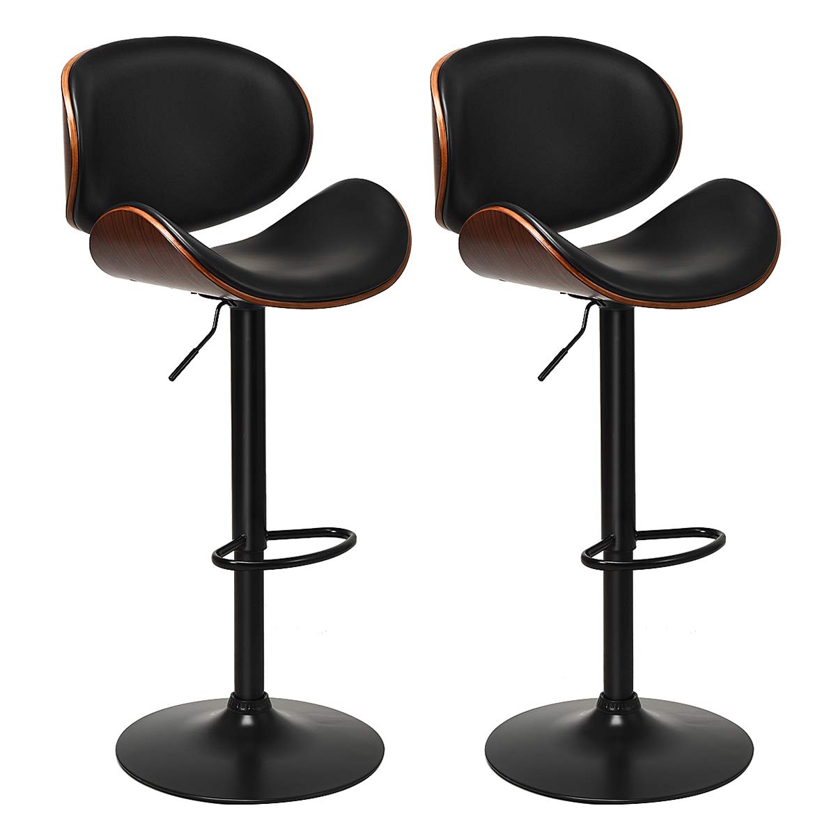 Bar Stools Set of 2/4, Adjustable Swivel Bentwood Barstools with Back, Large Iron Base, 360 Degree PU Leather Seat and Curved Footrest