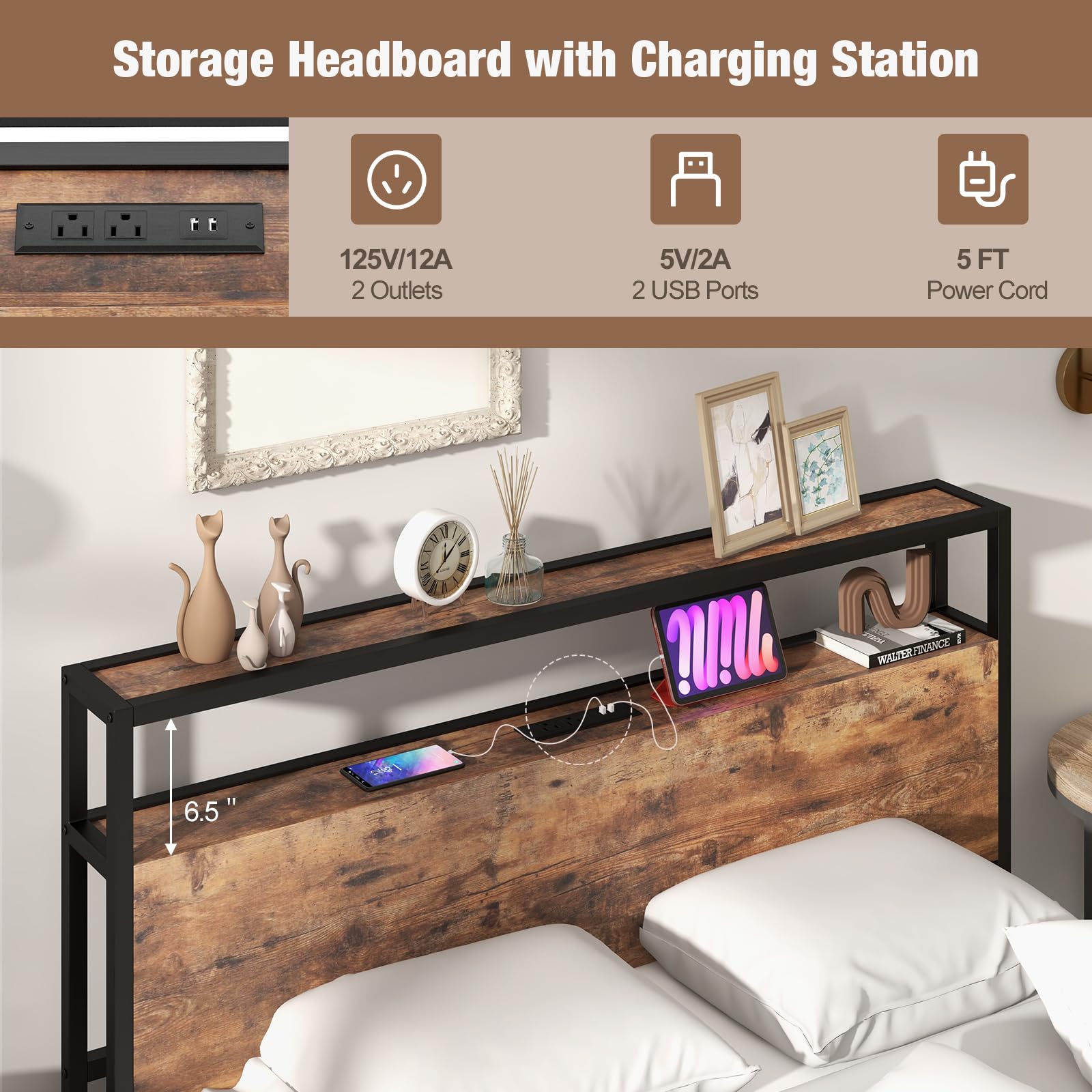 Bed Frame with 2 Storage Drawers and Charging Station, Rustic Metal Slats Support Mattress Foundation