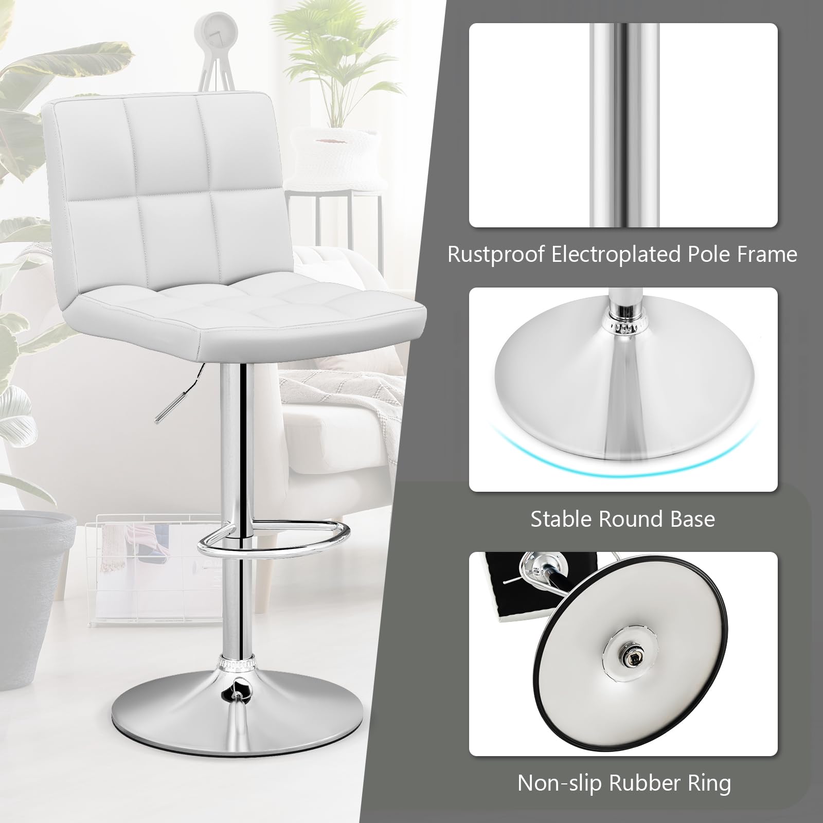 Modern PU Leather Height Adjustable Bar Stools  Set of 1/2 with Back, Footrest, Metal Base