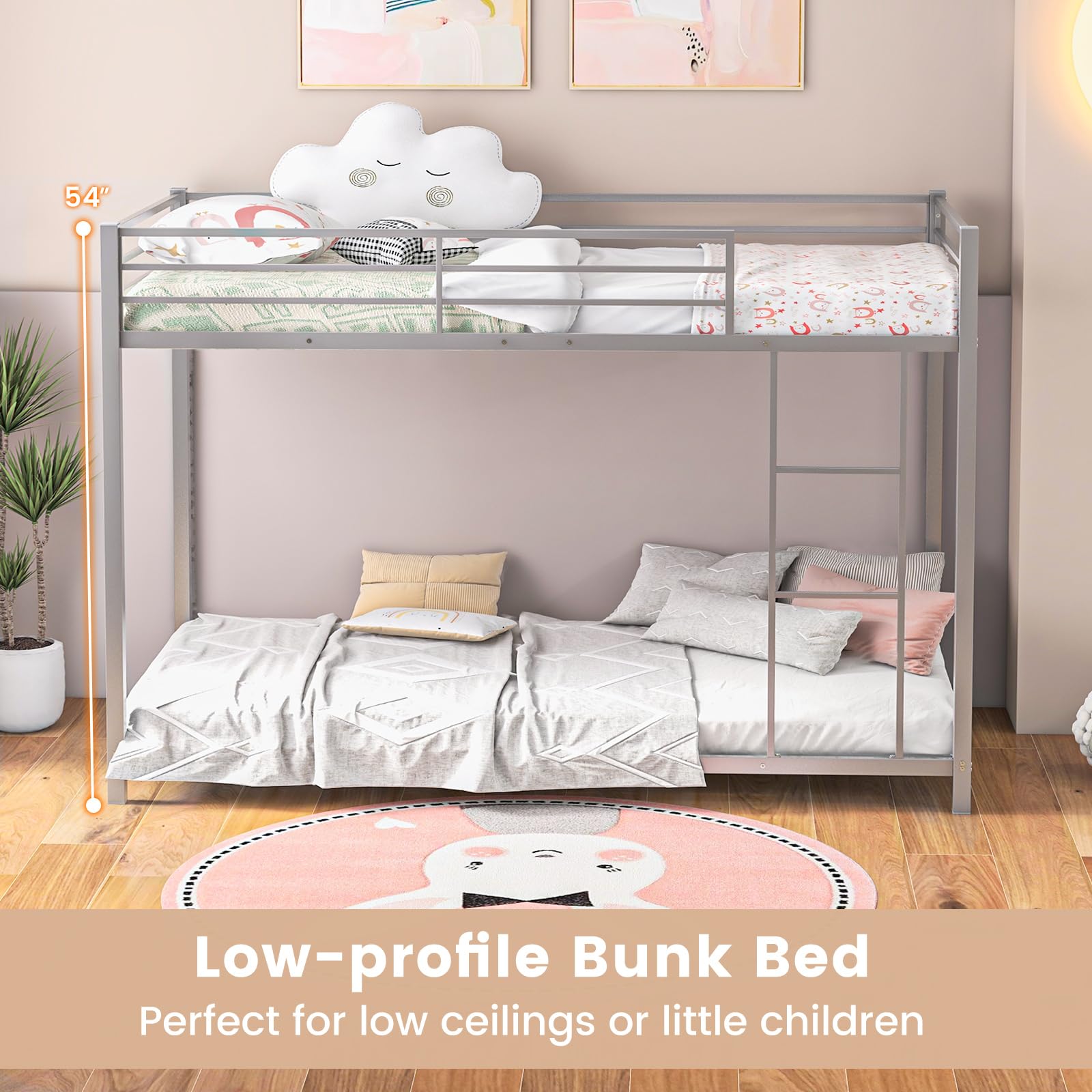 Twin Over Twin Metal Low Floor Bunk Bed with Safety Guard Rail & Ladder