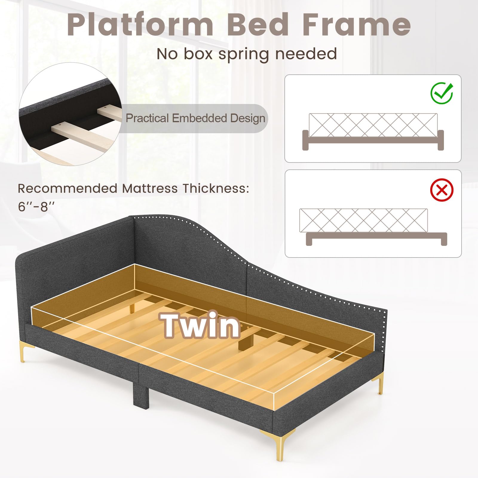 Rivet-Tufted Platform Bed Frame with Headboard, Metal Legs & Wood Slats, L-Shaped Corner Sofa Bed