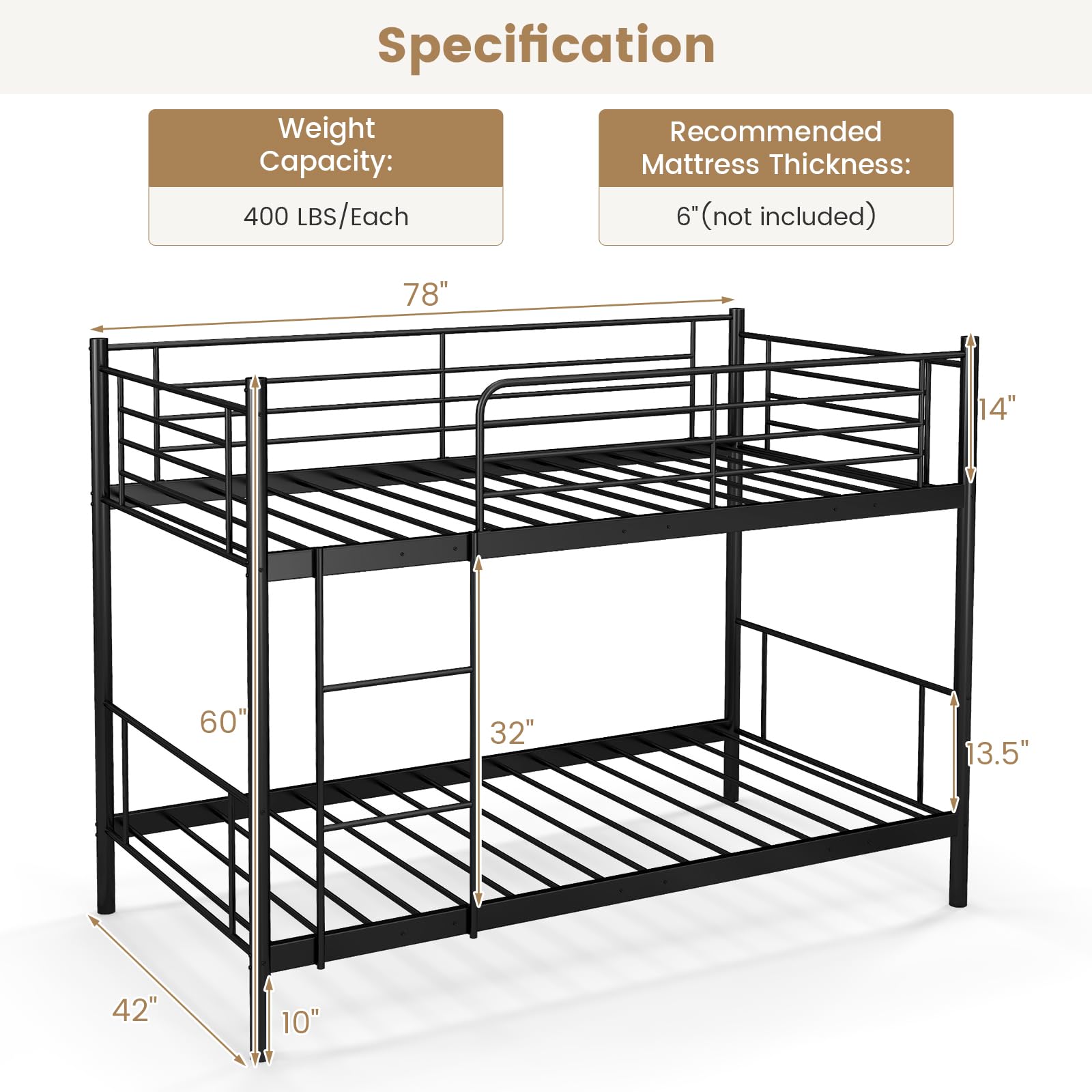 Twin Over Twin Metal Bunk Bed with Ladder & Full-Length Guardrails