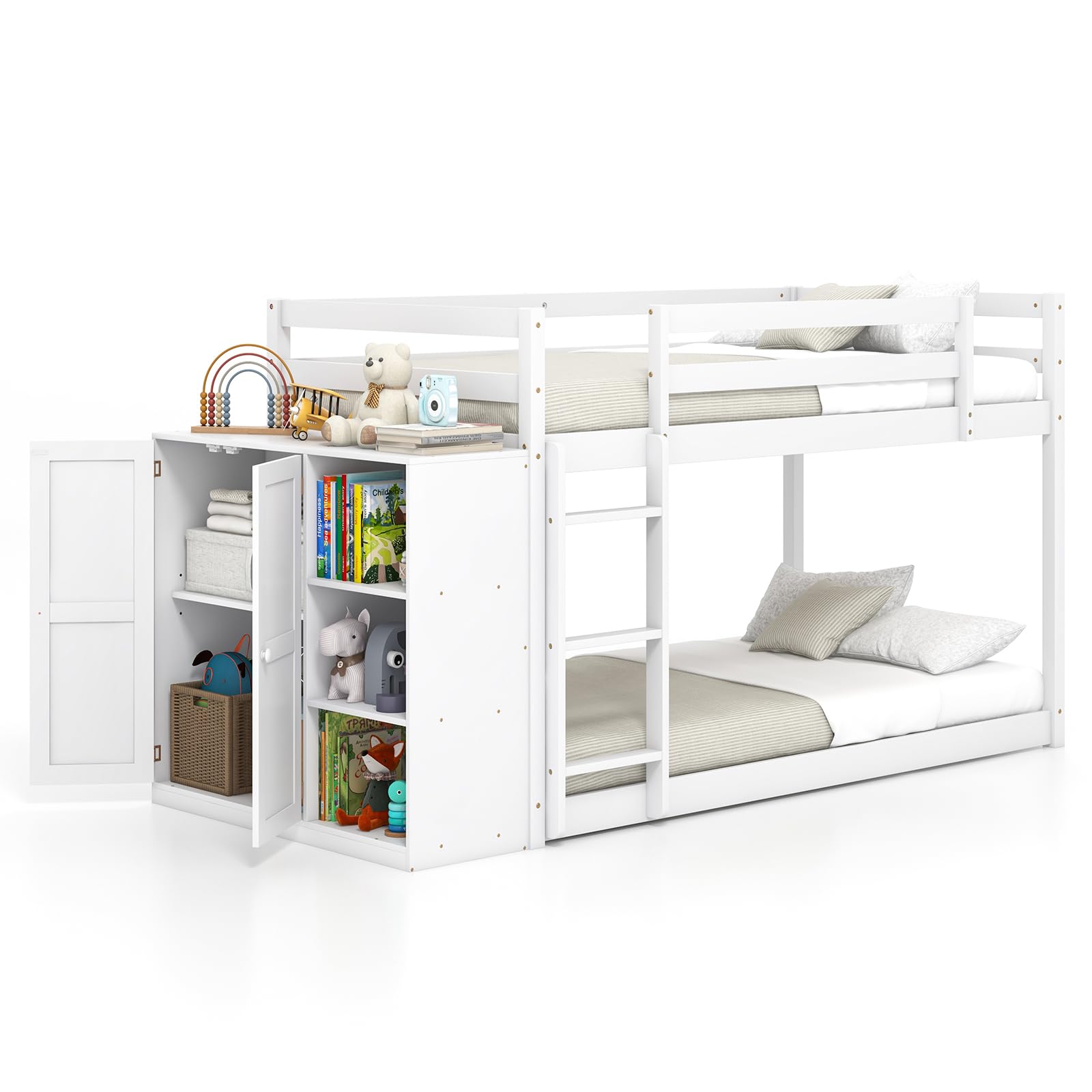 Twin Over Twin Bunk Bed with Storage Cabinet & Shelves, Convertible Bookcase
