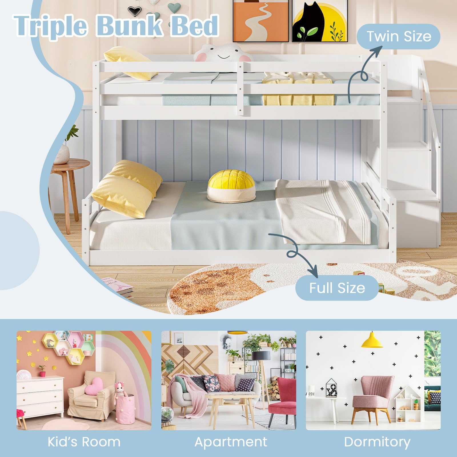 Bunk Bed with Stairs, Solid Wood Floor Bunk Bed with Storage Staircase & Full-Length Guardrails