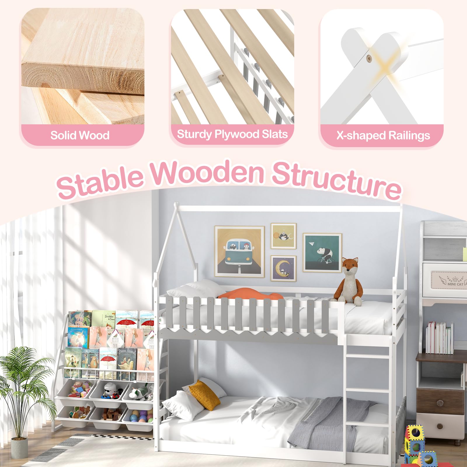Wood Twin Over Twin House Bunk Bed, Solid Wood Low Bunk Bed with Ladder, Safety Guardrails & Fences