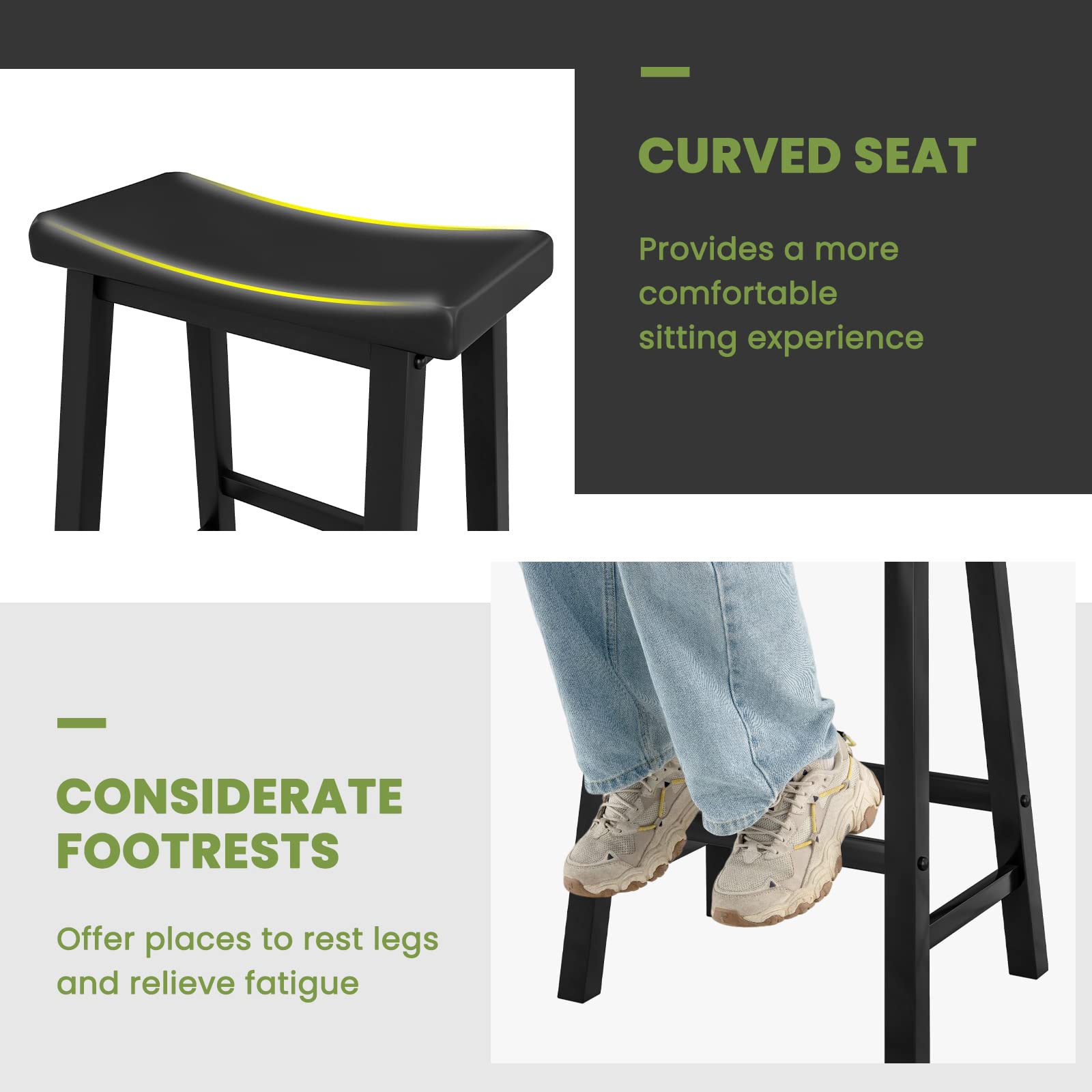Saddle Stools Set of 2/4, 24-inch Counter Height Barstools with Solid Wood Legs & Footrests