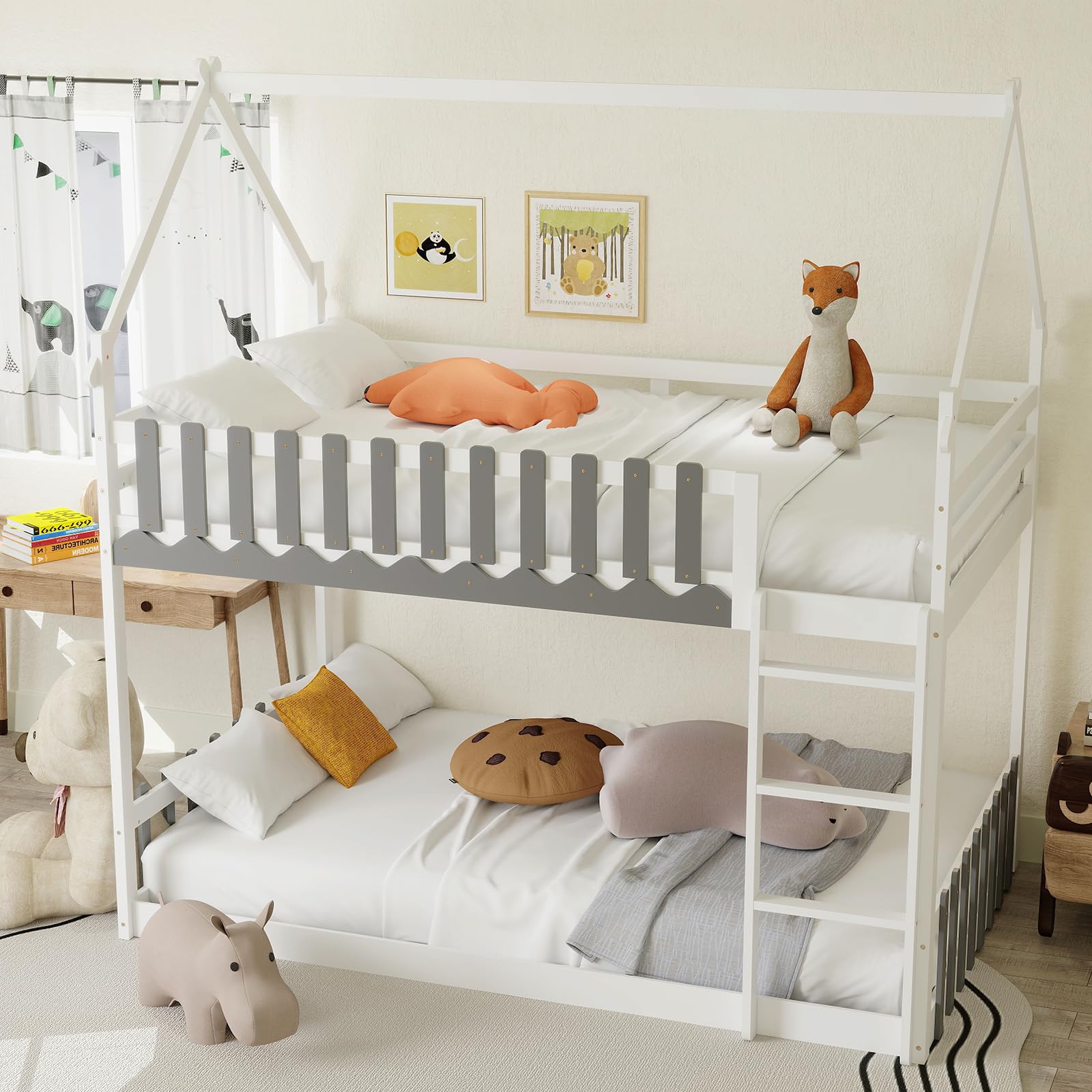 Wood Twin Over Twin House Bunk Bed, Solid Wood Low Bunk Bed with Ladder, Safety Guardrails & Fences