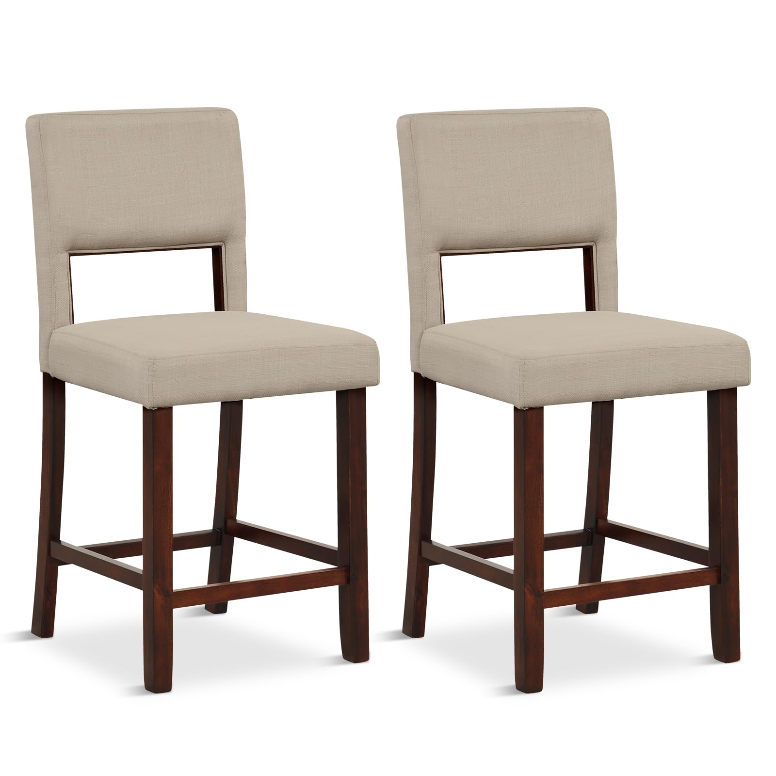 24.5" Counter Height Bar Stools Set of 2, Linen Barstools with Back, Rubber Wood Legs
